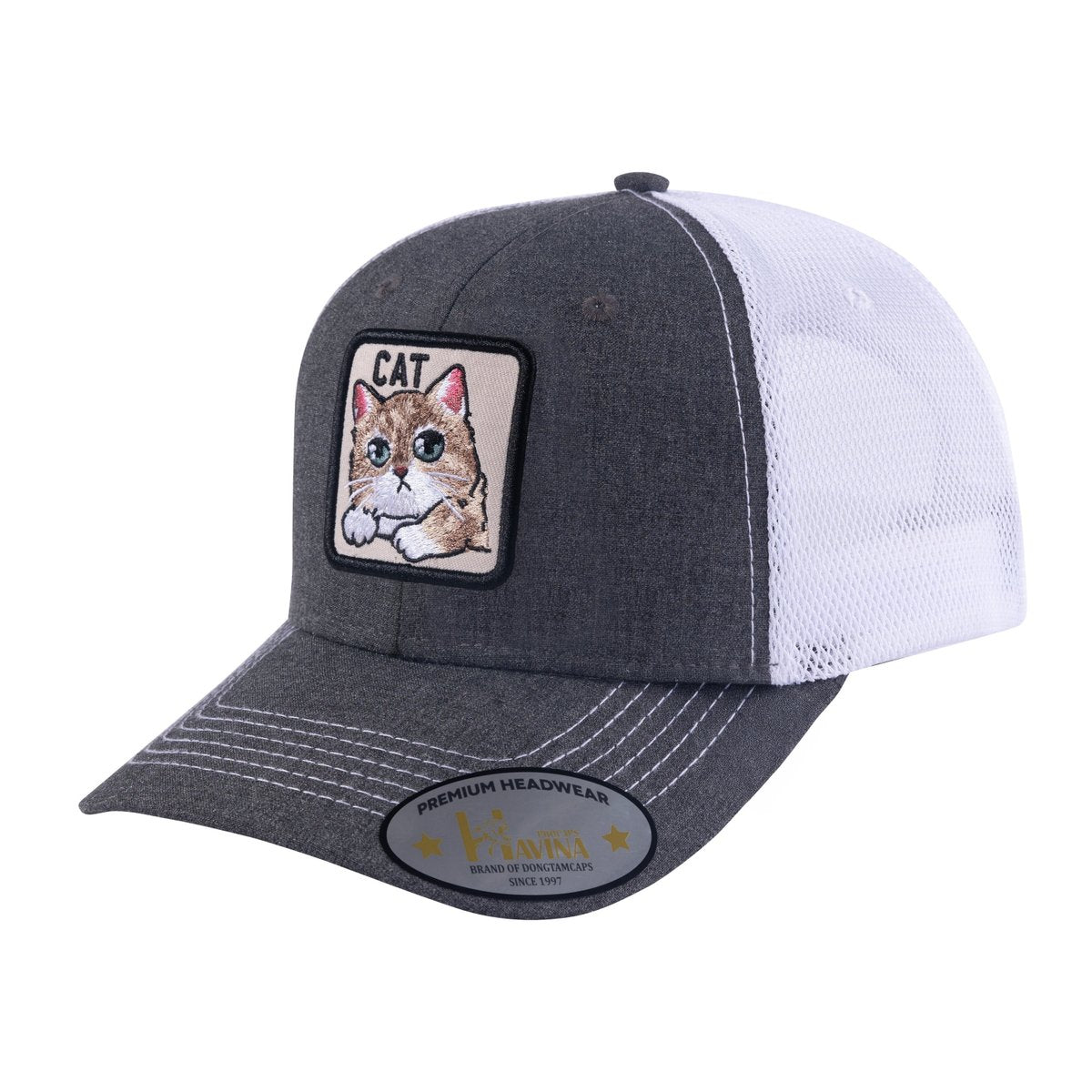 Cat 6-Panel Trucker Hat with Dark Grey front and White back