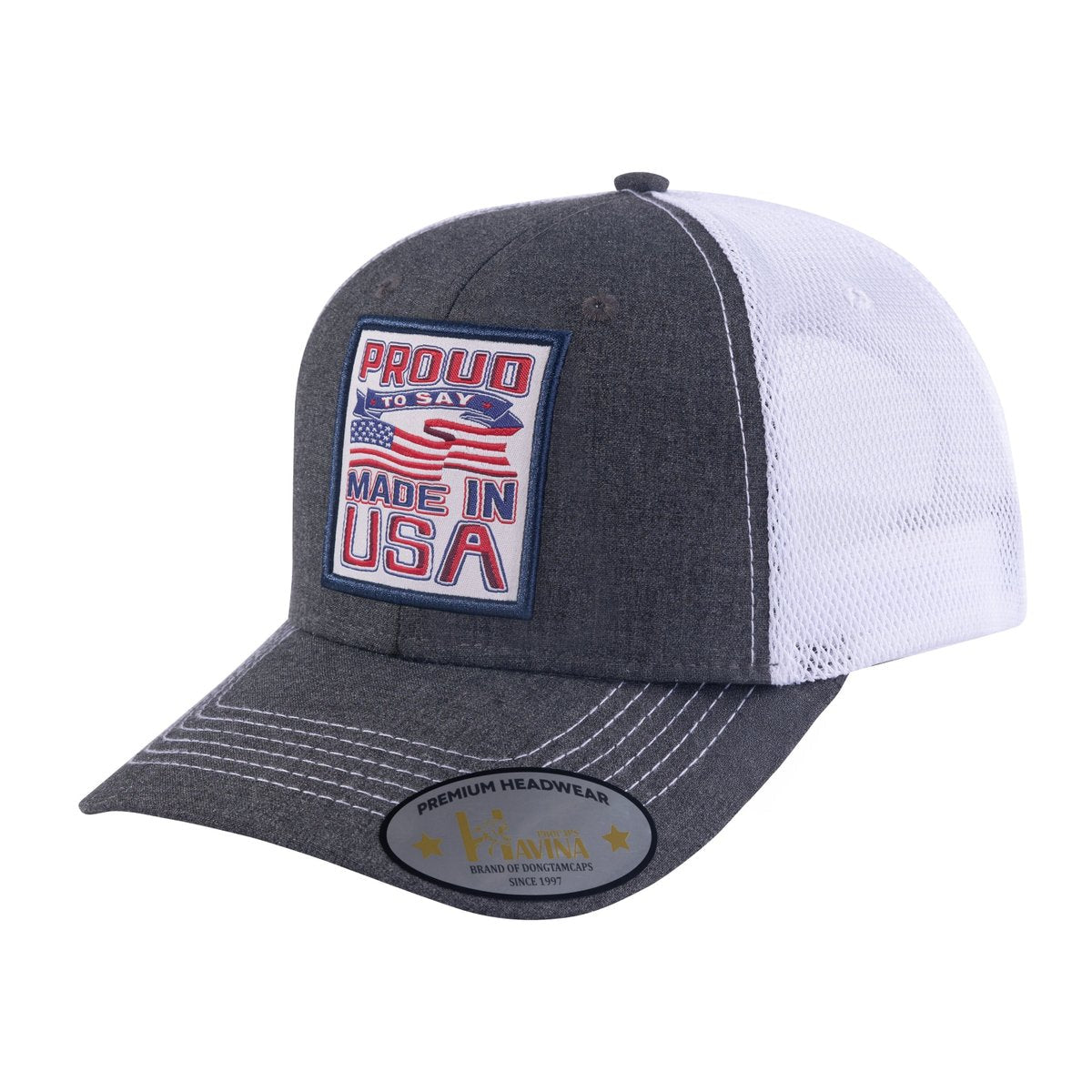 Proud to Say Made in USA 6-Panel Trucker Hat with Dark Grey front and White back