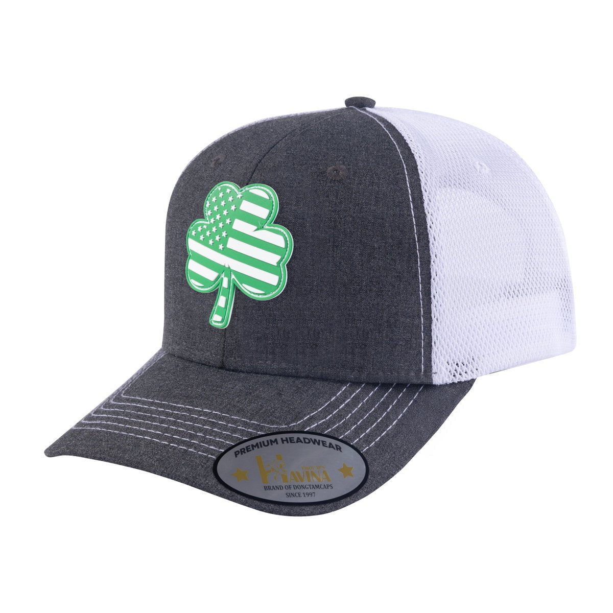 St. Patrick's Day Four Leaf Shamrock 6-Panel Trucker Hat with Dark Grey front and White back