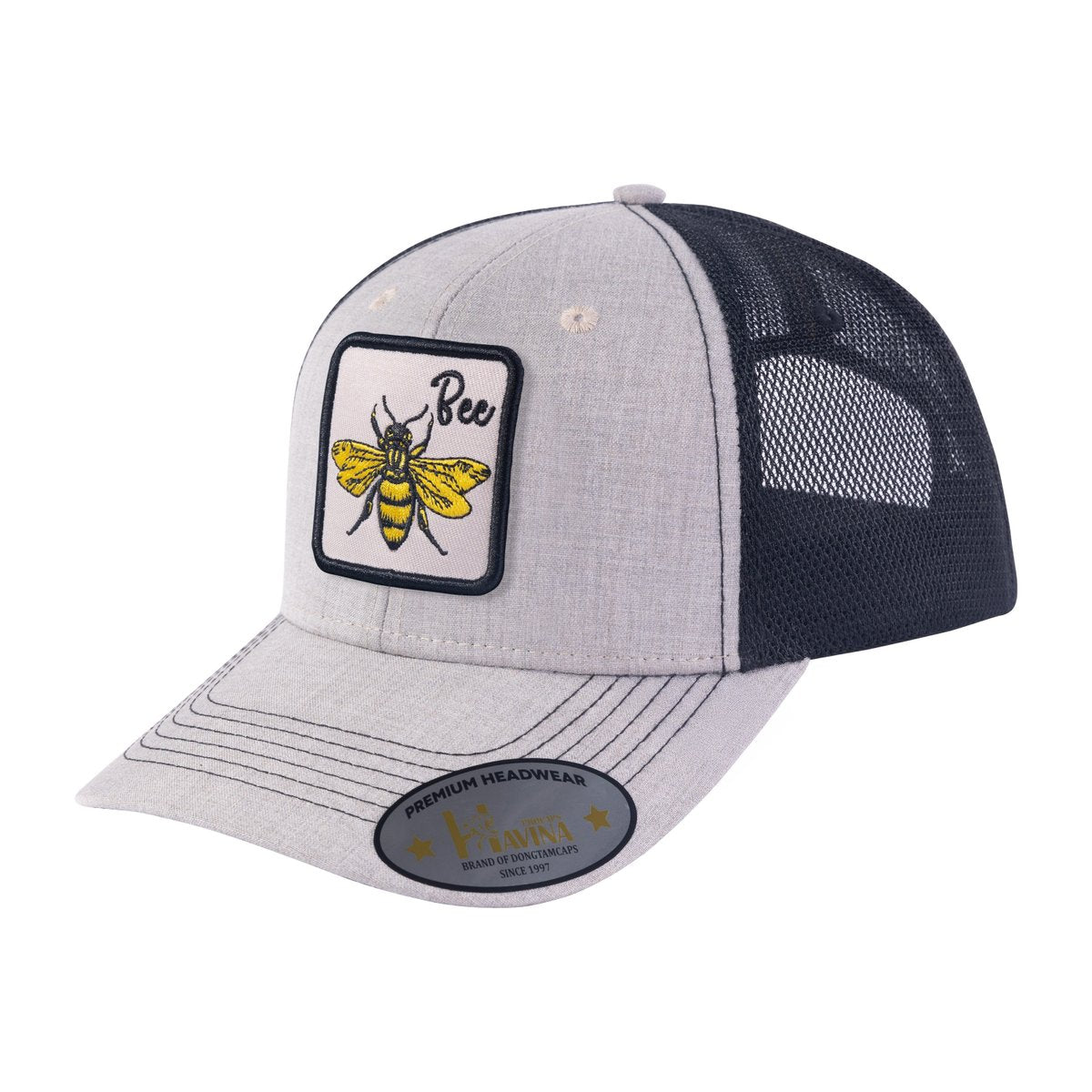 Bee 6-Panel Trucker Hat with Khaki front and Black back