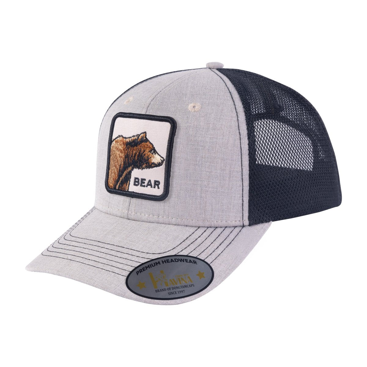 Bear 6-Panel Trucker Hat with Khaki front and Black back