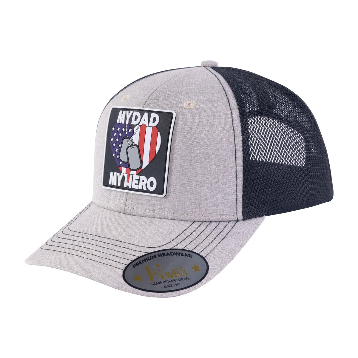 My Dad My Hero 6-Panel Trucker Hat with Khaki front and Black back