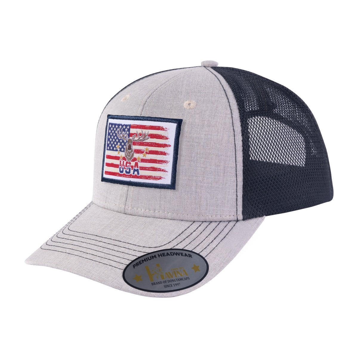 USA Deer Hunter 6-Panel Trucker Hat with Khaki front and Black back