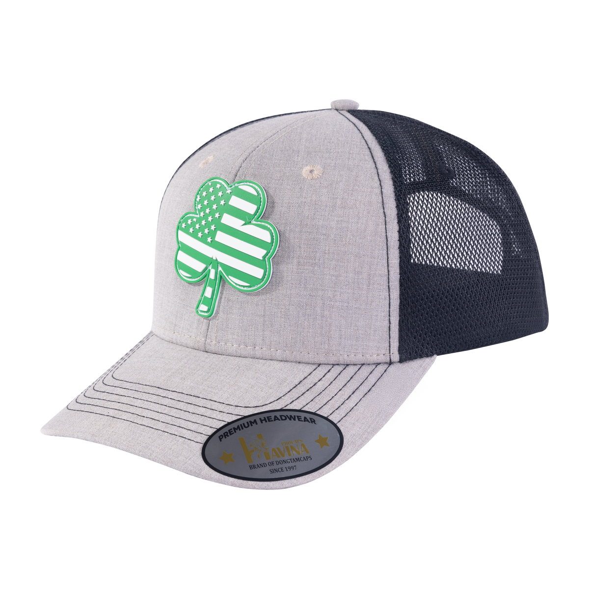 St. Patrick's Day Four Leaf Shamrock 6-Panel Trucker Hat with Khaki front and Black back