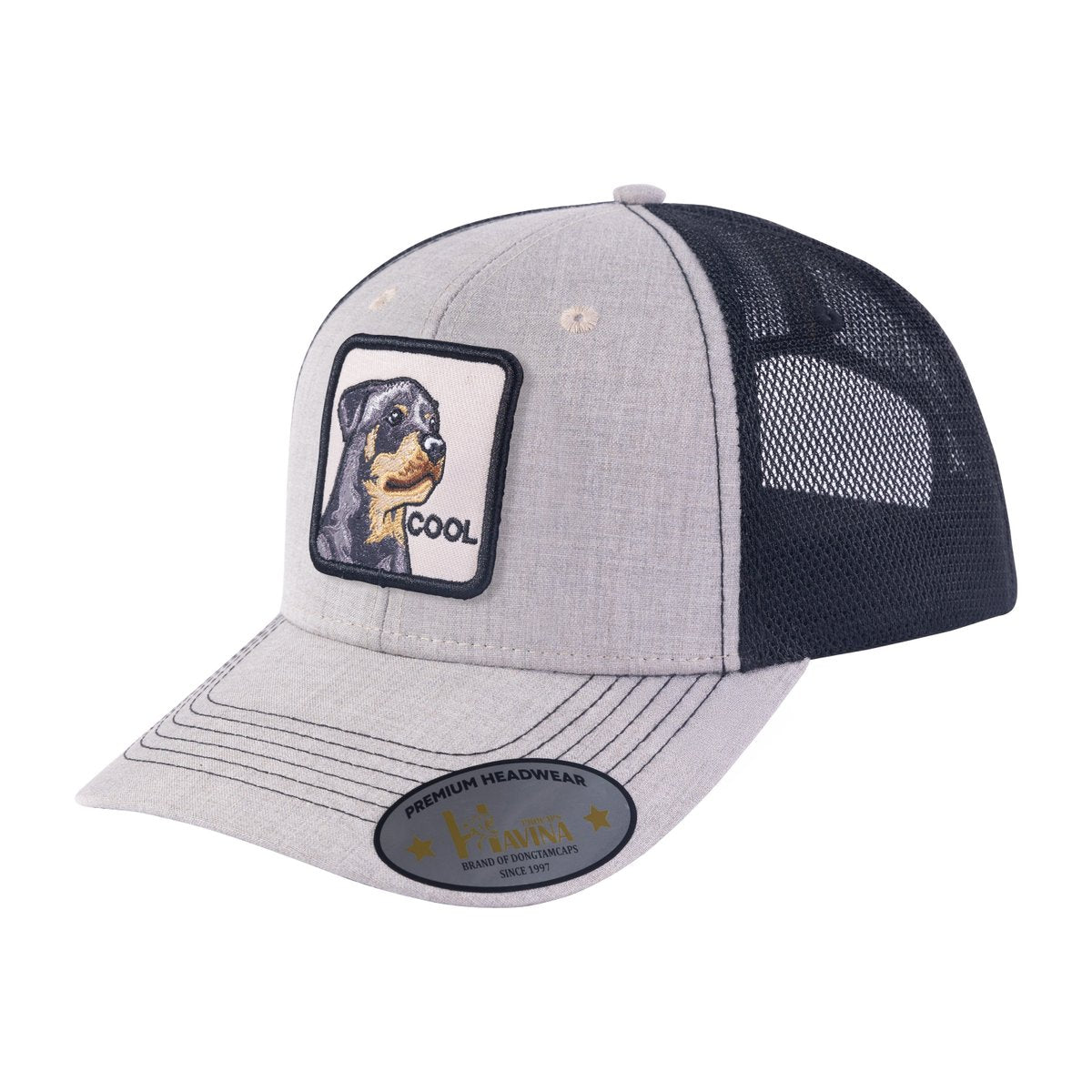 Cool Dog 6-Panel Trucker Hat with Khaki front and Black back