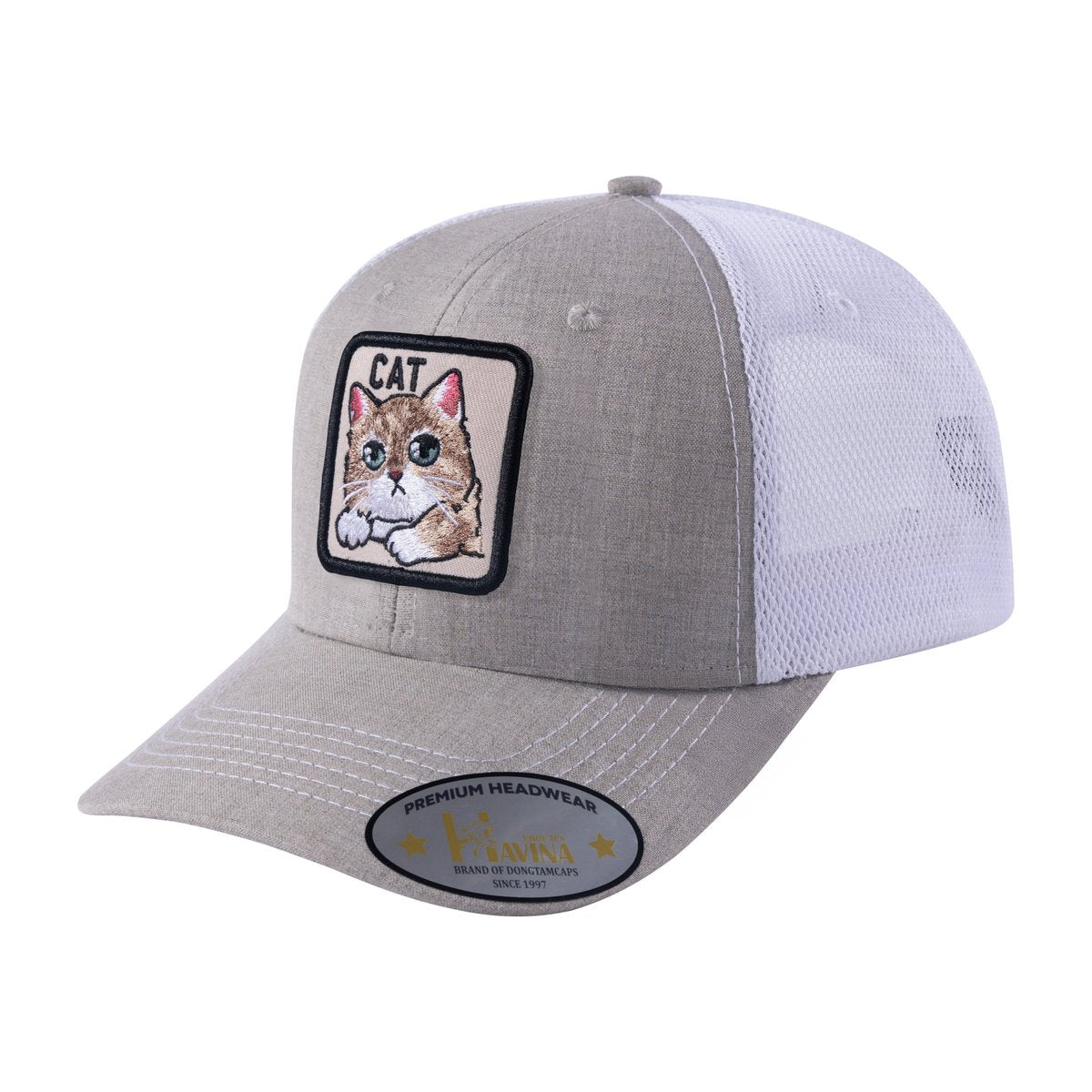 Cat 6-Panel Trucker Hat with Khaki front and White back