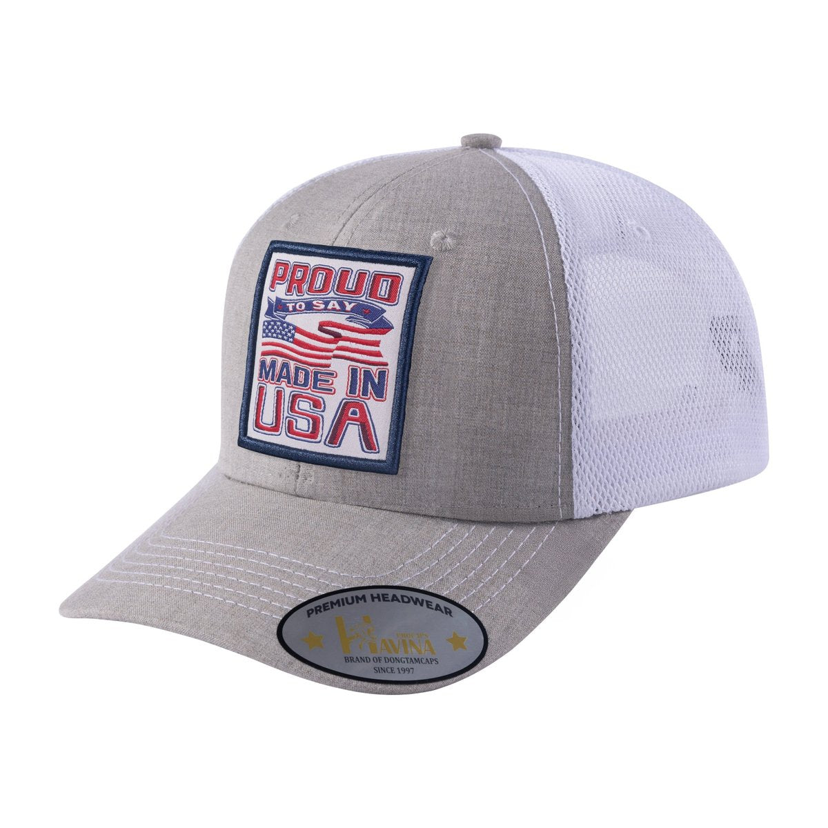 Proud to Say Made in USA 6-Panel Trucker Hat with Khaki front and White back