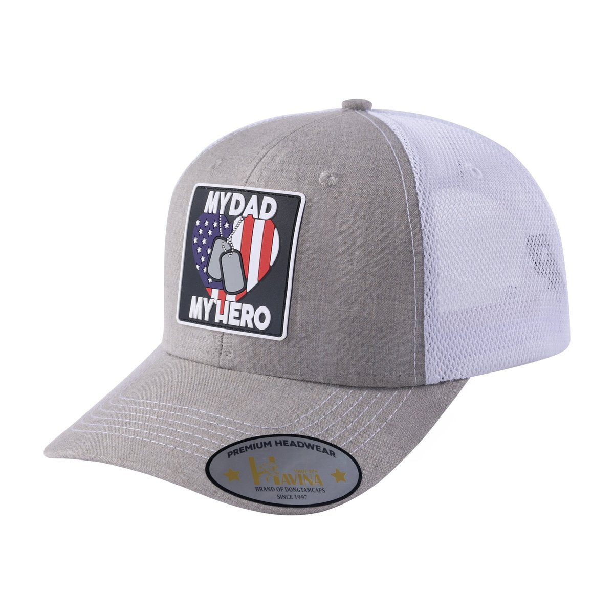 My Dad My Hero 6-Panel Trucker Hat with Khaki front and White back