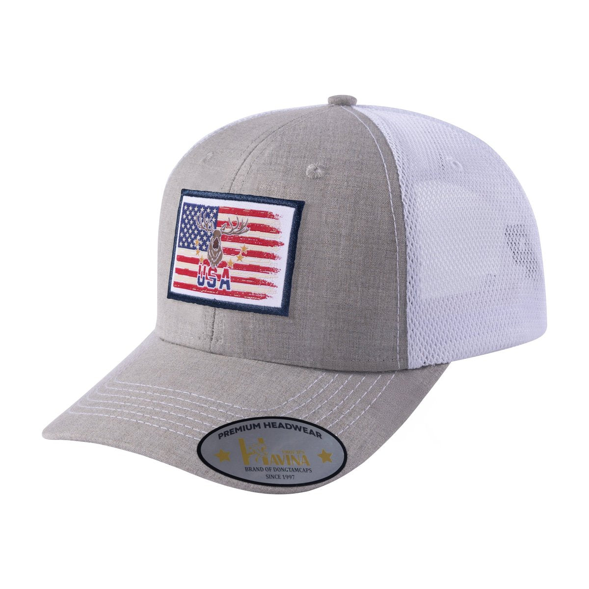 USA Deer Hunter 6-Panel Trucker Hat with Khaki front and White back