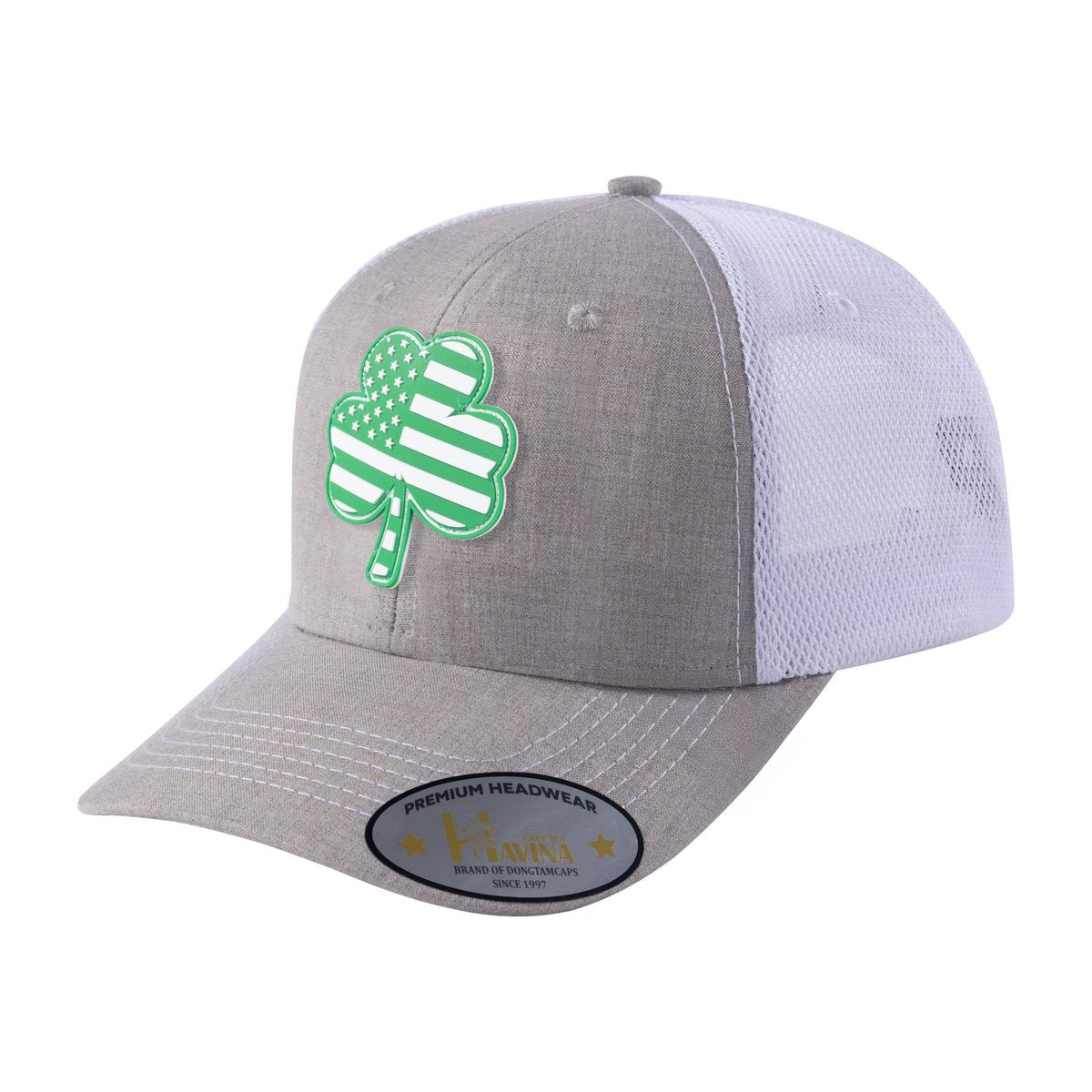 St. Patrick's Day Four Leaf Shamrock 6-Panel Trucker Hat with Khaki front and White back