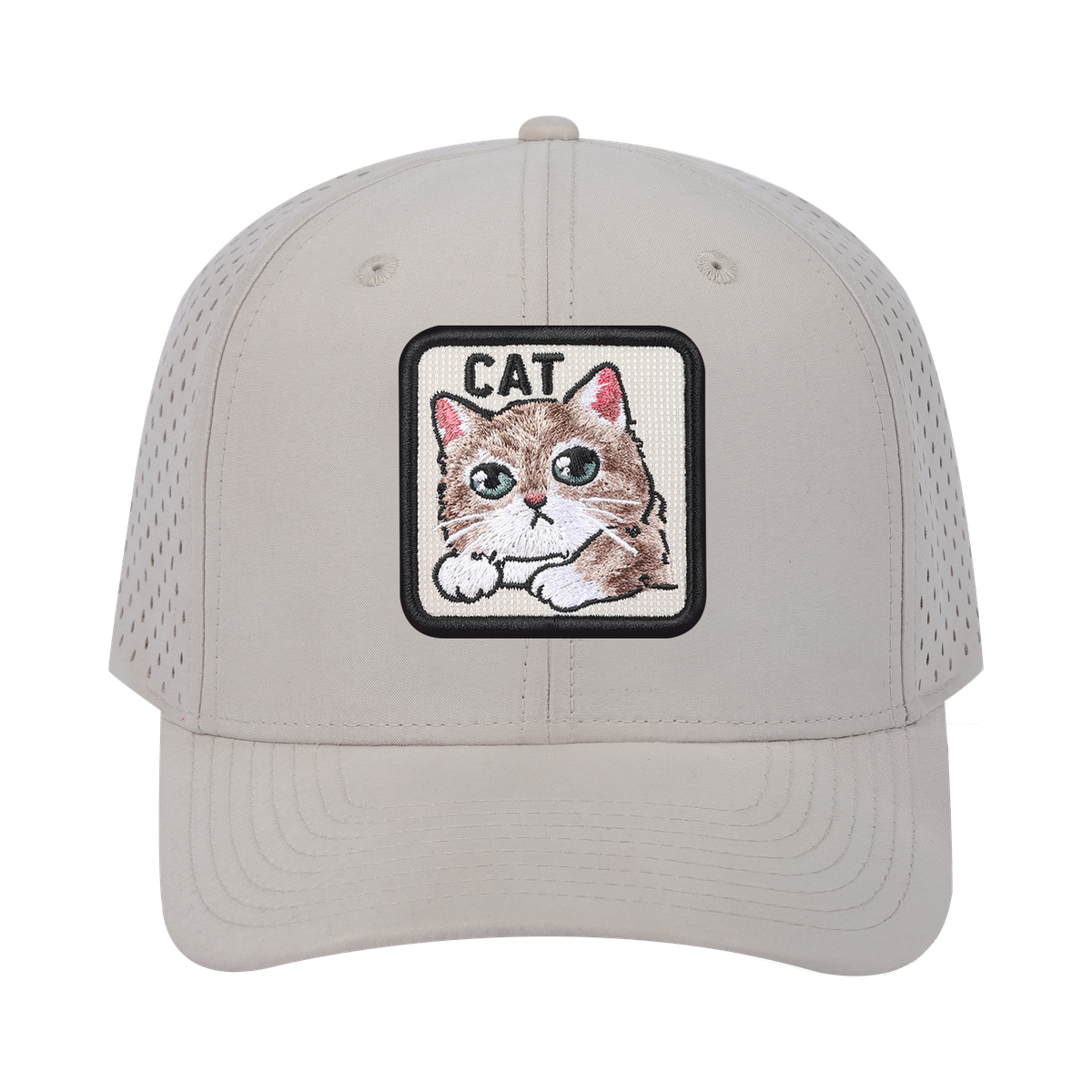 Cat 6-Panel Microfiber Laser Hole Trucker Hat with Beige front and Beige back