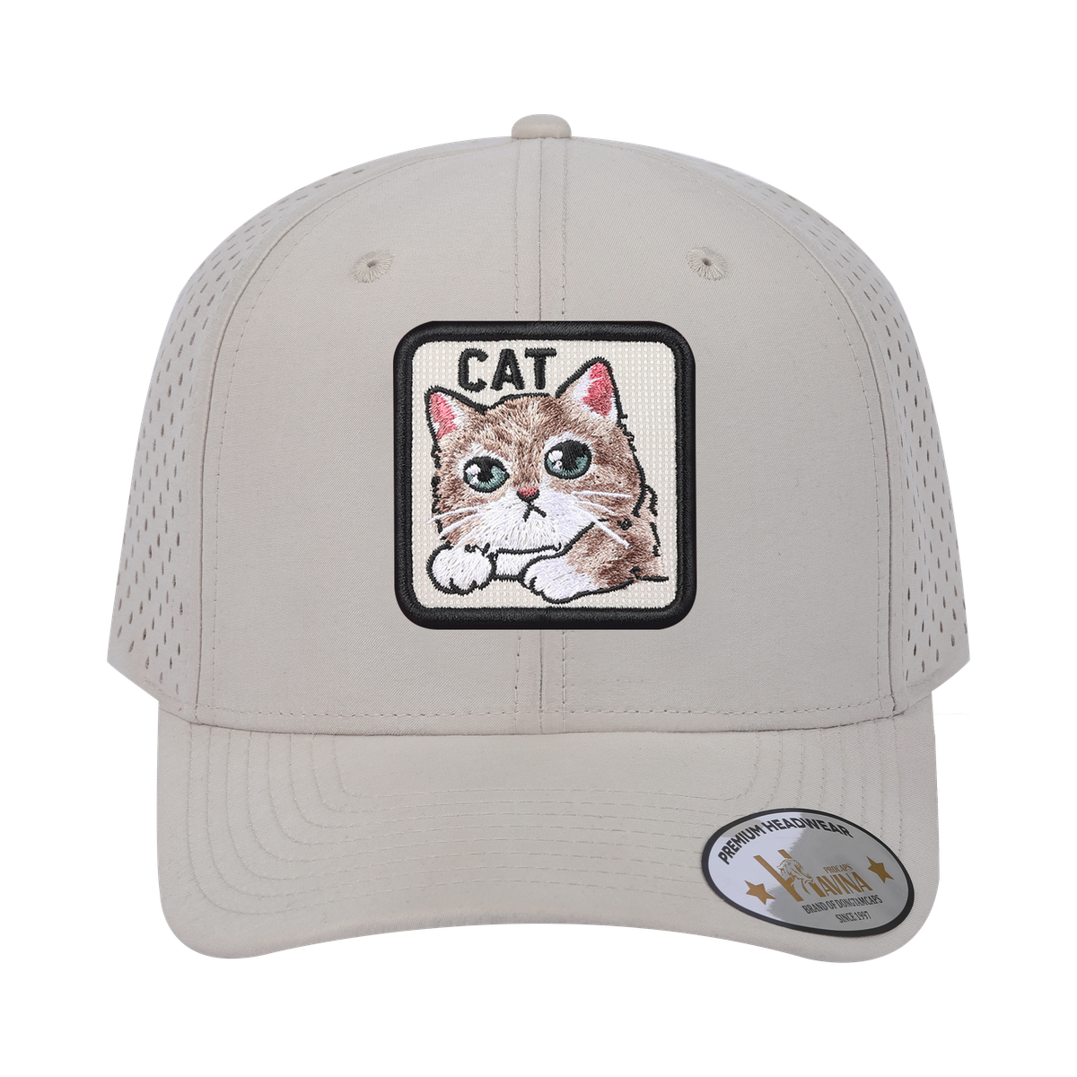 Cat 6-Panel Microfiber Laser Hole Trucker Hat with Beige front and Beige back