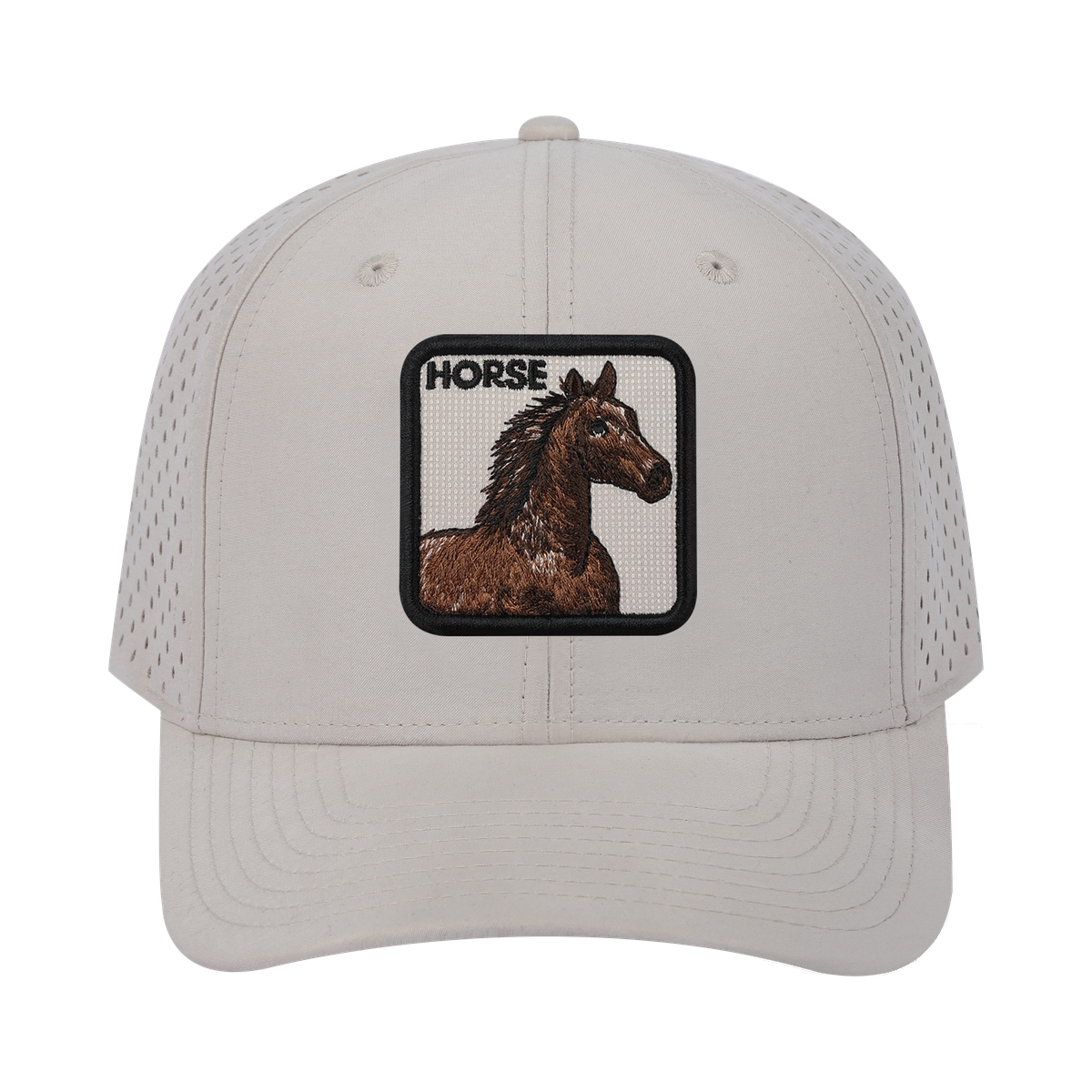Horse 6-Panel Microfiber Laser Hole Trucker Hat with Beige front and Beige back