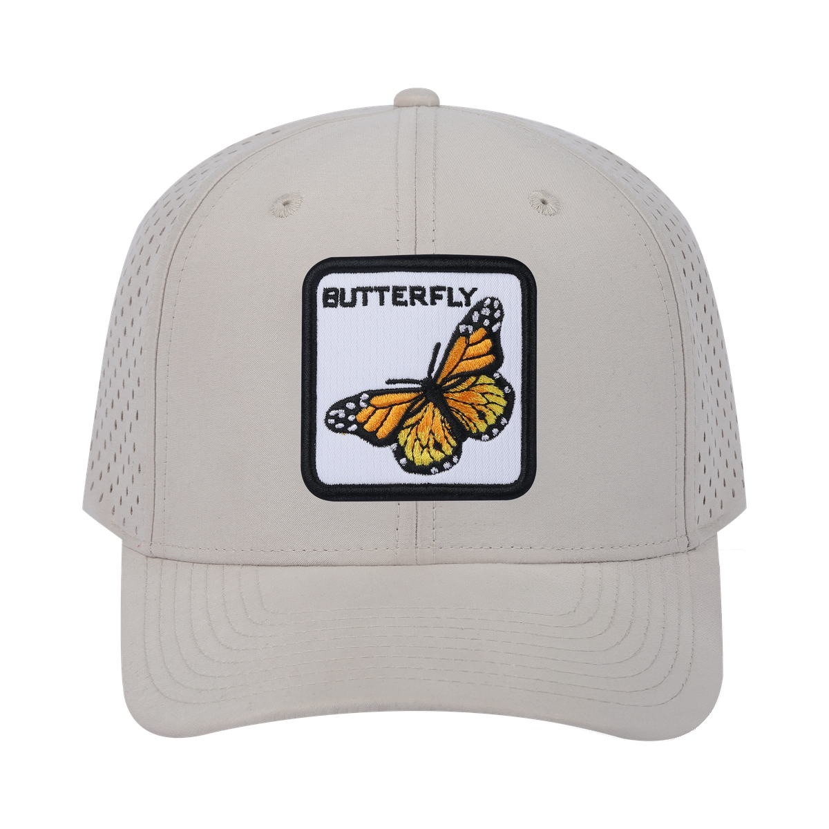 Butterfly 6-Panel Microfiber Laser Hole Trucker Hat with Beige front and Beige back