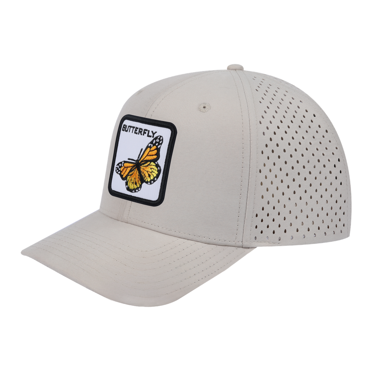Butterfly 6-Panel Microfiber Laser Hole Trucker Hat with Beige front and Beige back