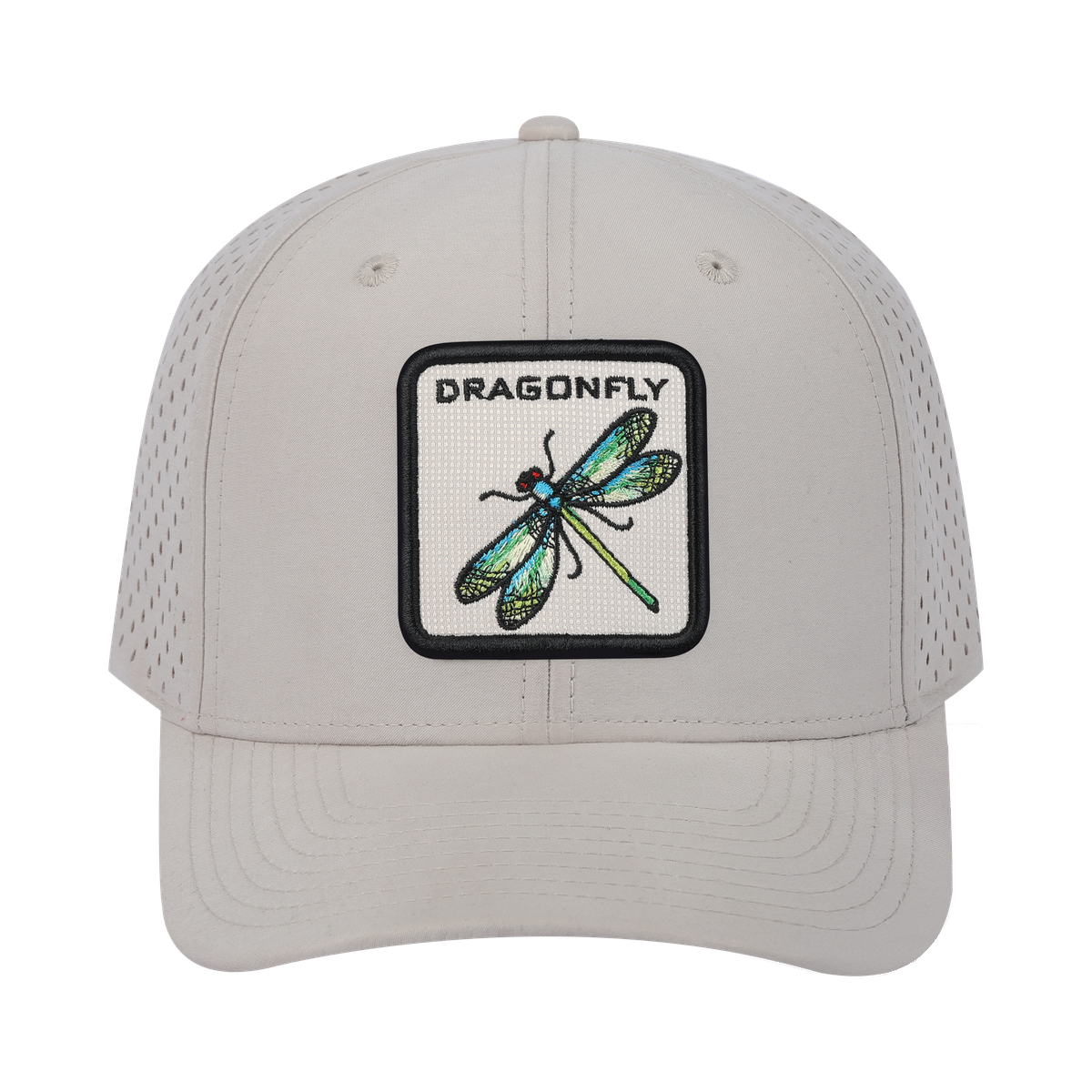 Dragonfly 6-Panel Microfiber Laser Hole Trucker Hat with Beige front and Beige back