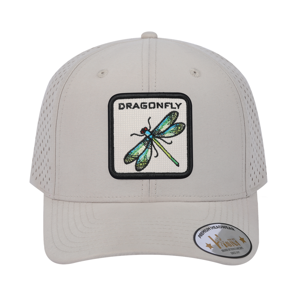 Dragonfly 6-Panel Microfiber Laser Hole Trucker Hat with Beige front and Beige back