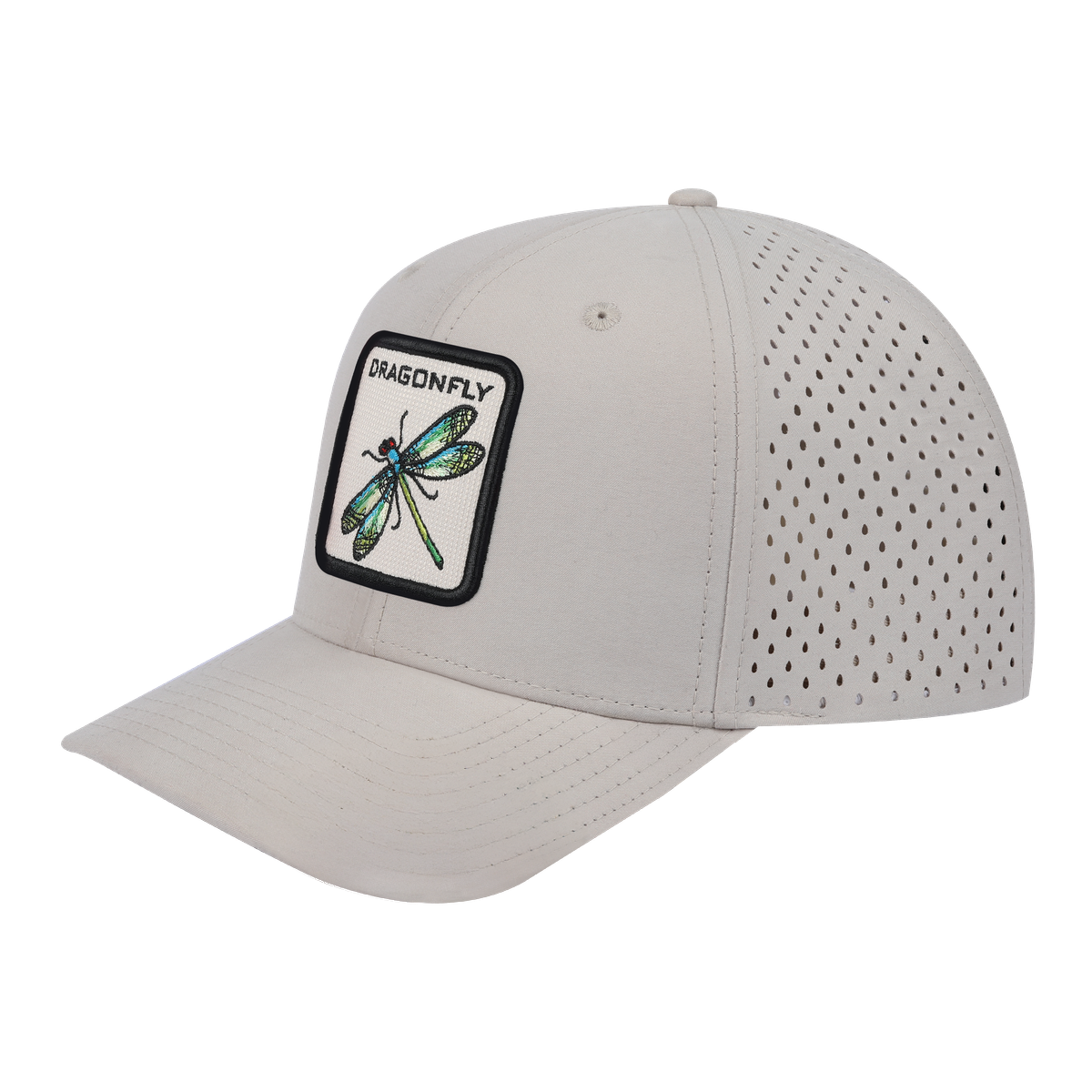 Dragonfly 6-Panel Microfiber Laser Hole Trucker Hat with Beige front and Beige back