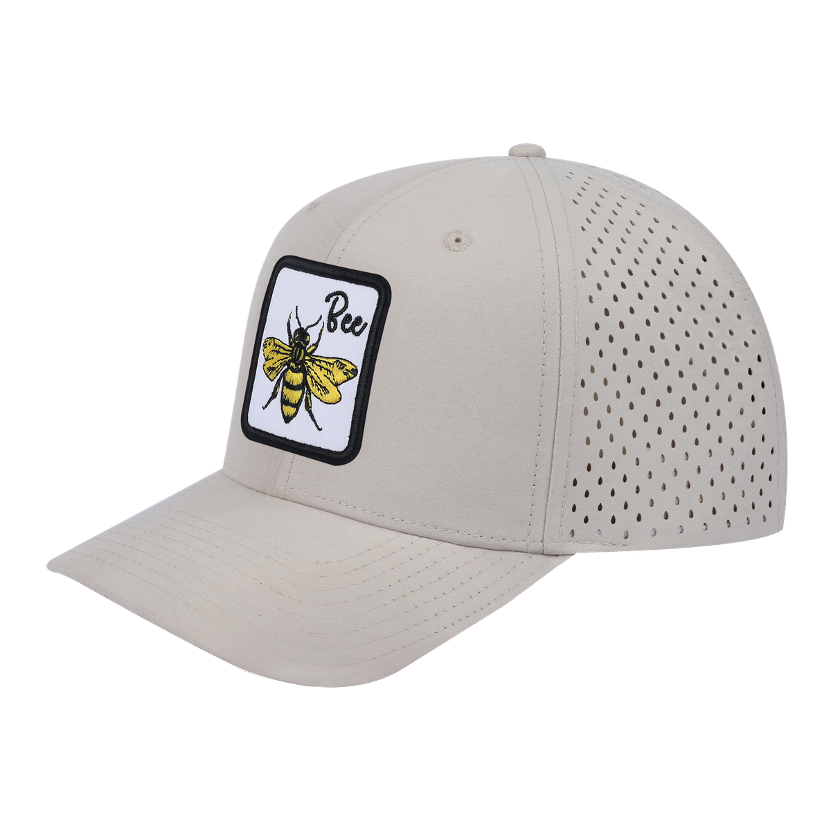 Bee 6-Panel Microfiber Laser Hole Trucker Hat with Beige front and Beige back