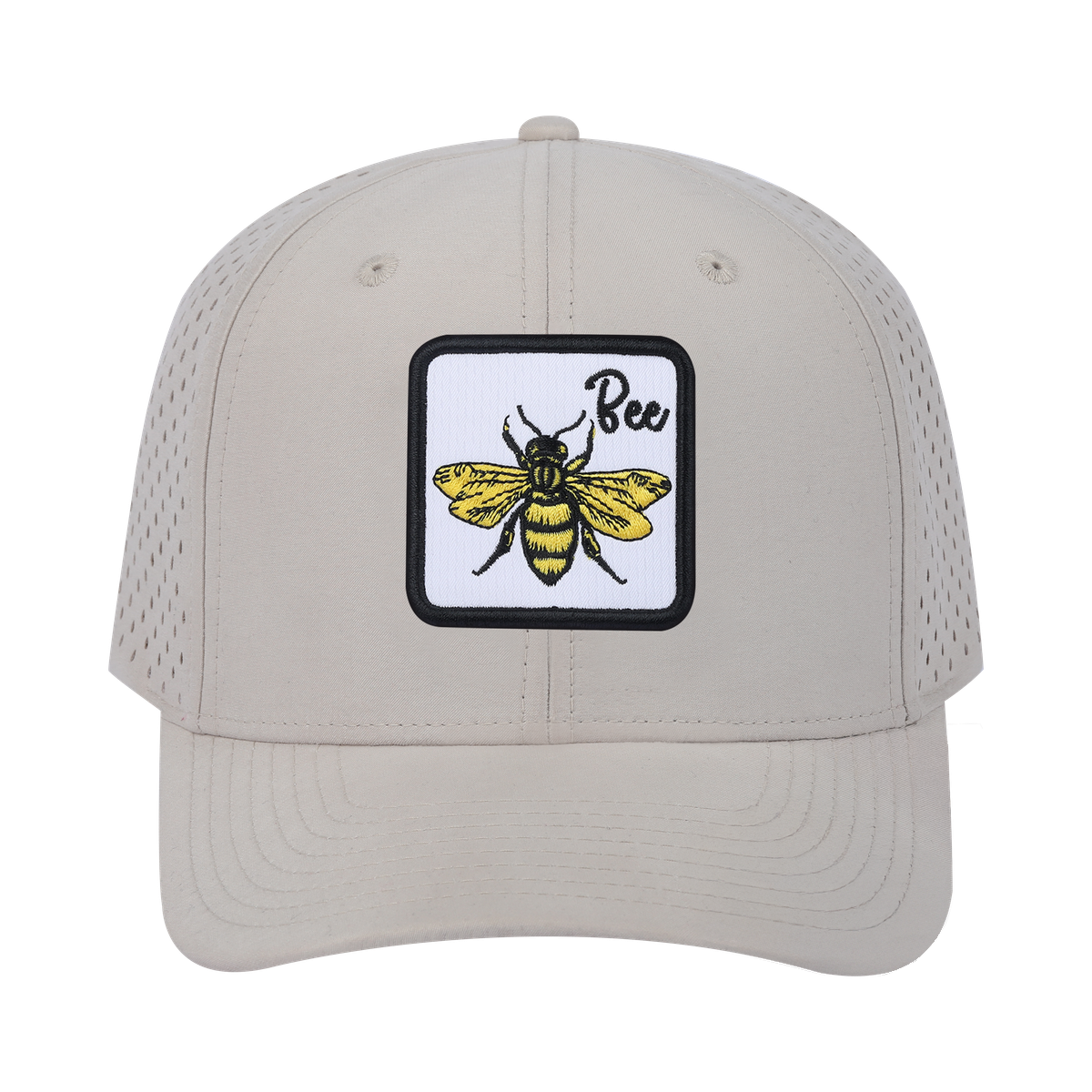 Bee 6-Panel Microfiber Laser Hole Trucker Hat with Beige front and Beige back