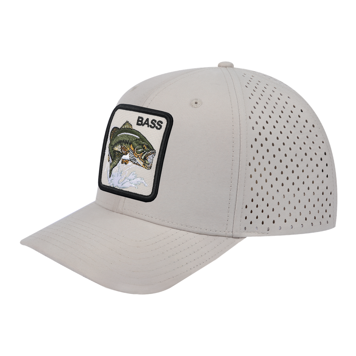 Bass 6-Panel Microfiber Laser Hole Trucker Hat with Beige front and Beige back