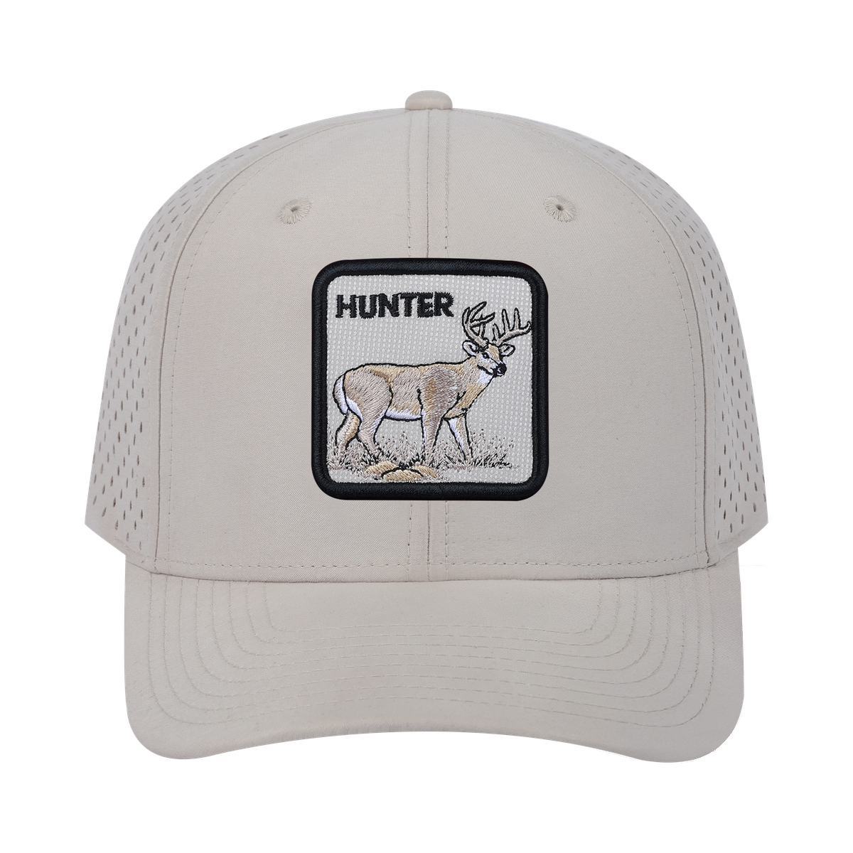 Hunter 6-Panel Microfiber Laser Hole Trucker Hat with Beige front and Beige back