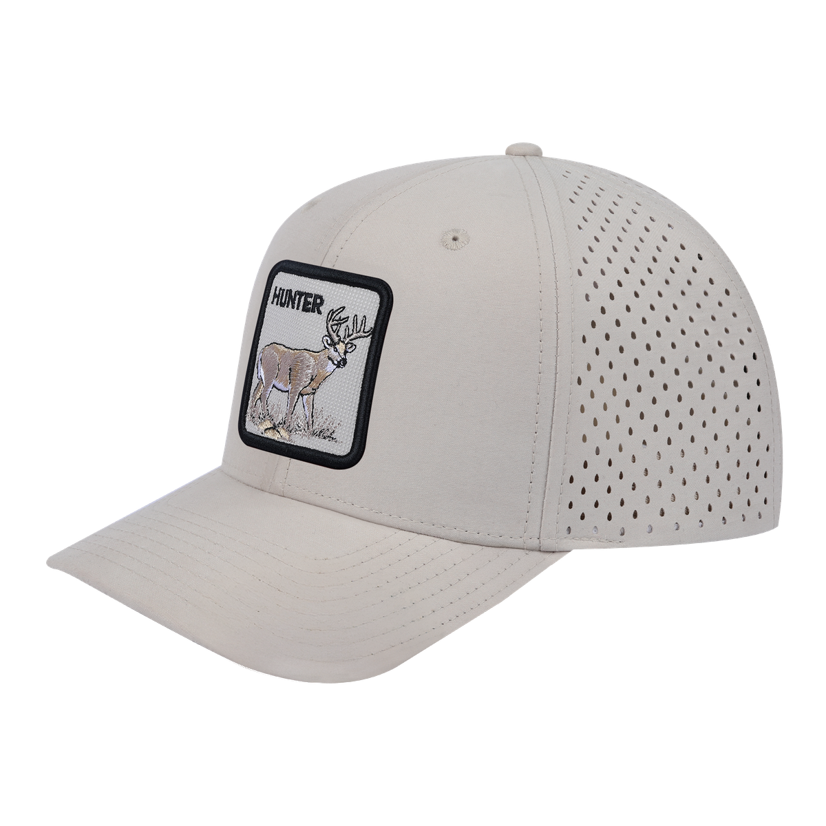 Hunter 6-Panel Microfiber Laser Hole Trucker Hat with Beige front and Beige back