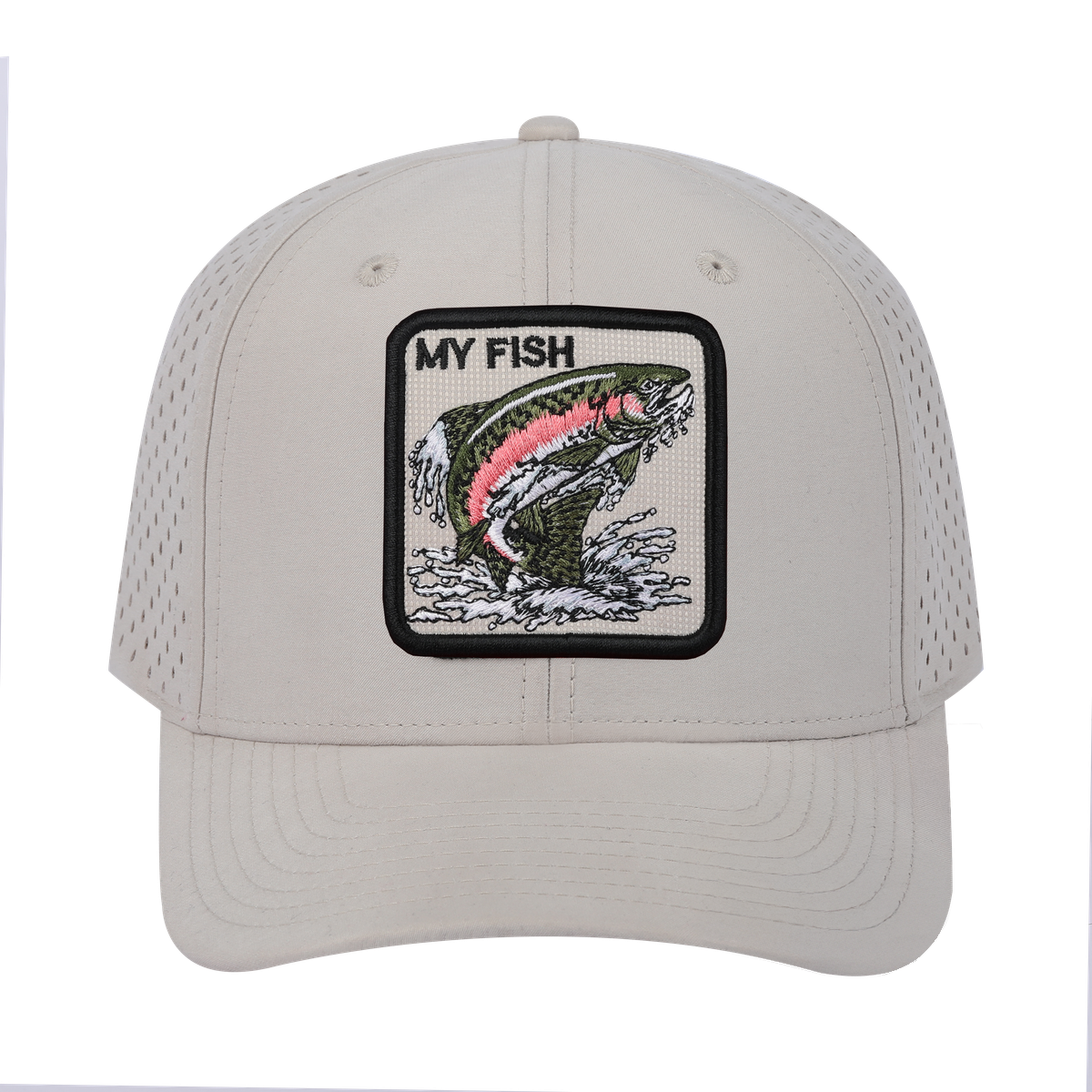My Fish 6-Panel Microfiber Laser Hole Trucker Hat with Beige front and Beige back