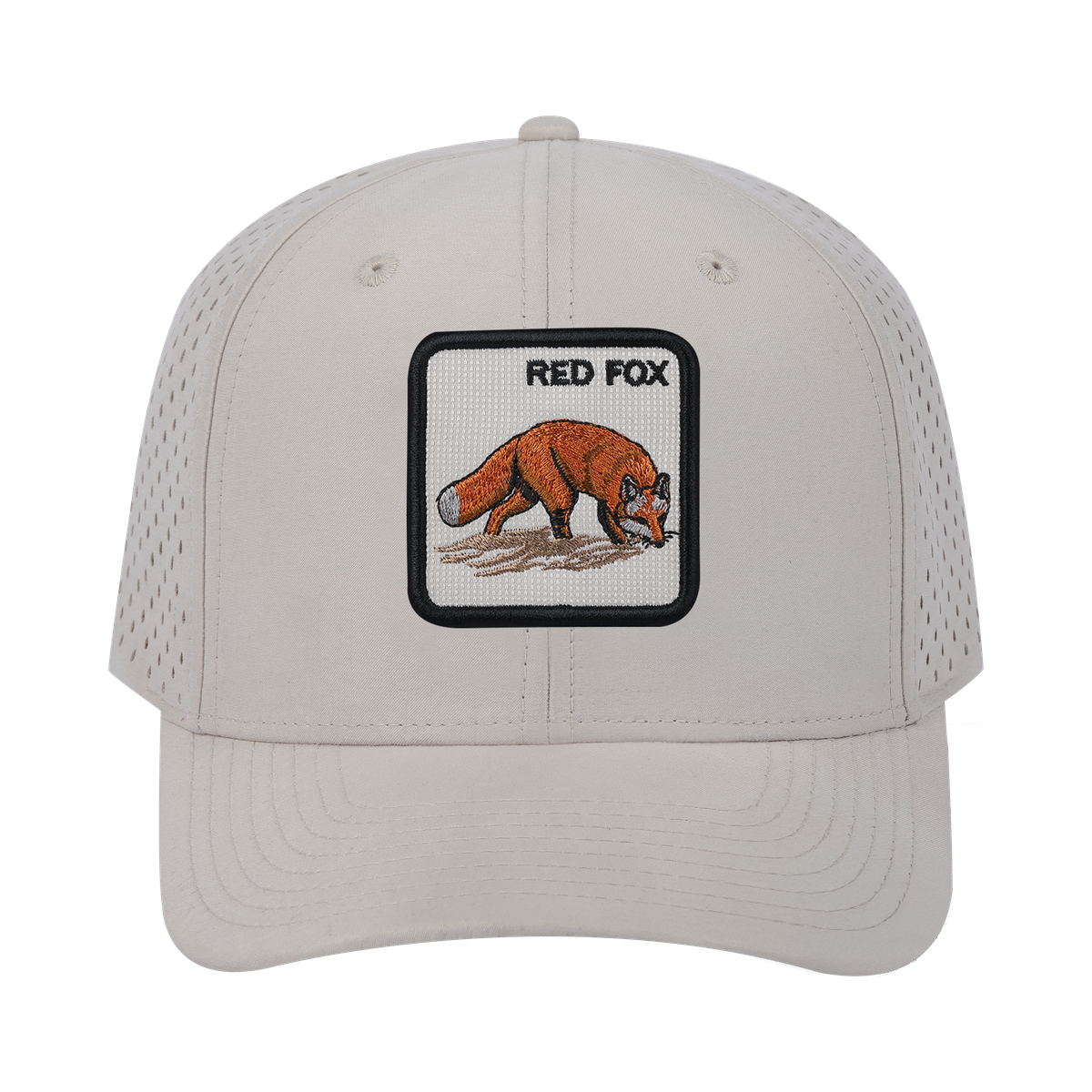 Red Fox 6-Panel Microfiber Laser Hole Trucker Hat with Beige front and Beige back
