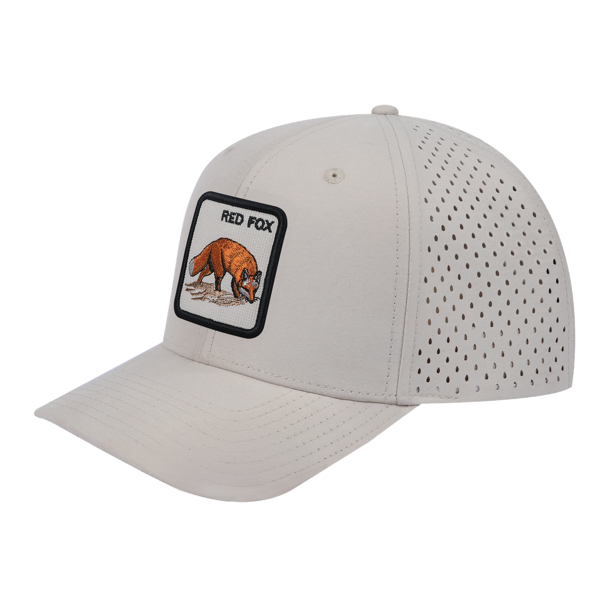 Red Fox 6-Panel Microfiber Laser Hole Trucker Hat with Beige front and Beige back