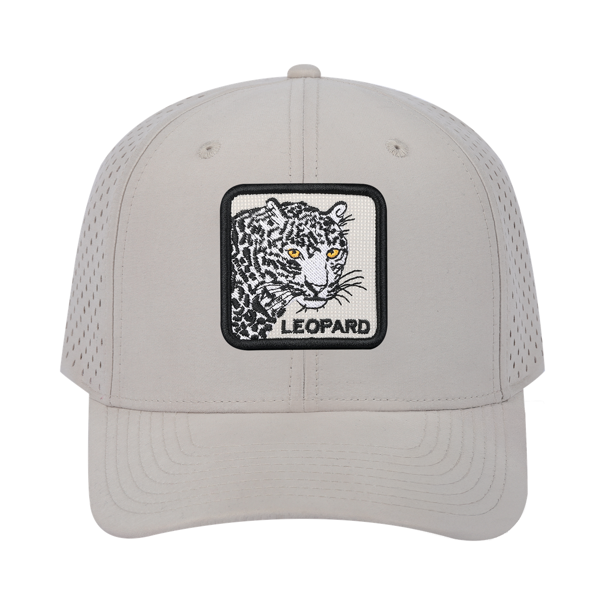 Leopard 6-Panel Microfiber Laser Hole Trucker Hat with Beige front and Beige back