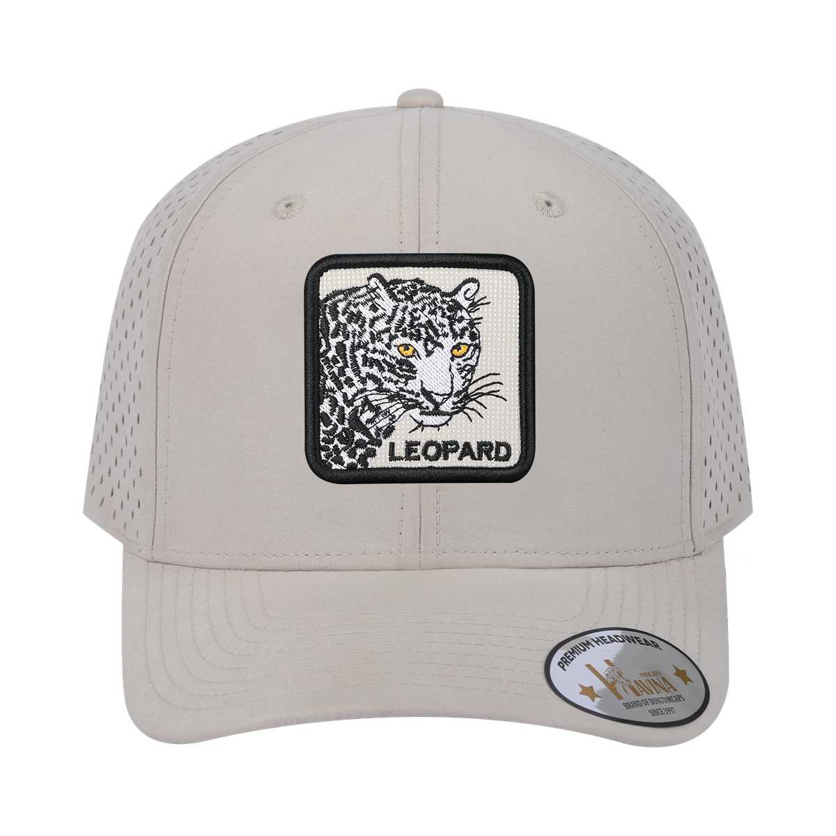 Leopard 6-Panel Microfiber Laser Hole Trucker Hat with Beige front and Beige back