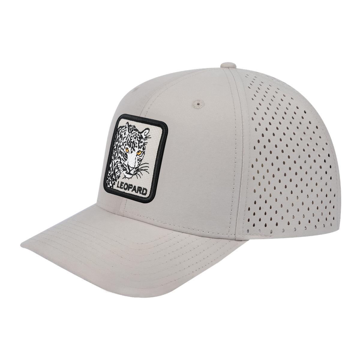 Leopard 6-Panel Microfiber Laser Hole Trucker Hat with Beige front and Beige back