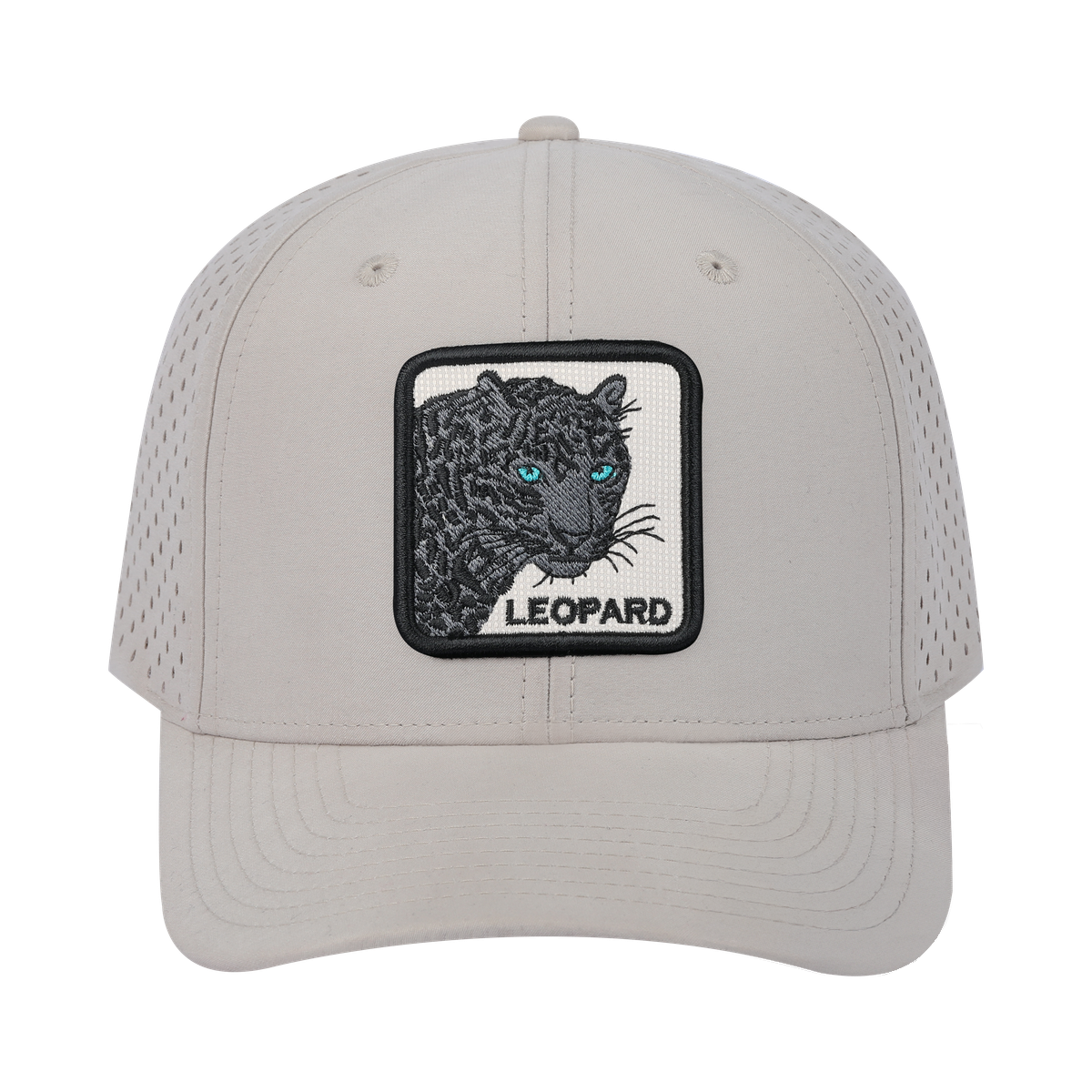 Leopard V2 6-Panel Microfiber Laser Hole Trucker Hat with Beige front and Beige back