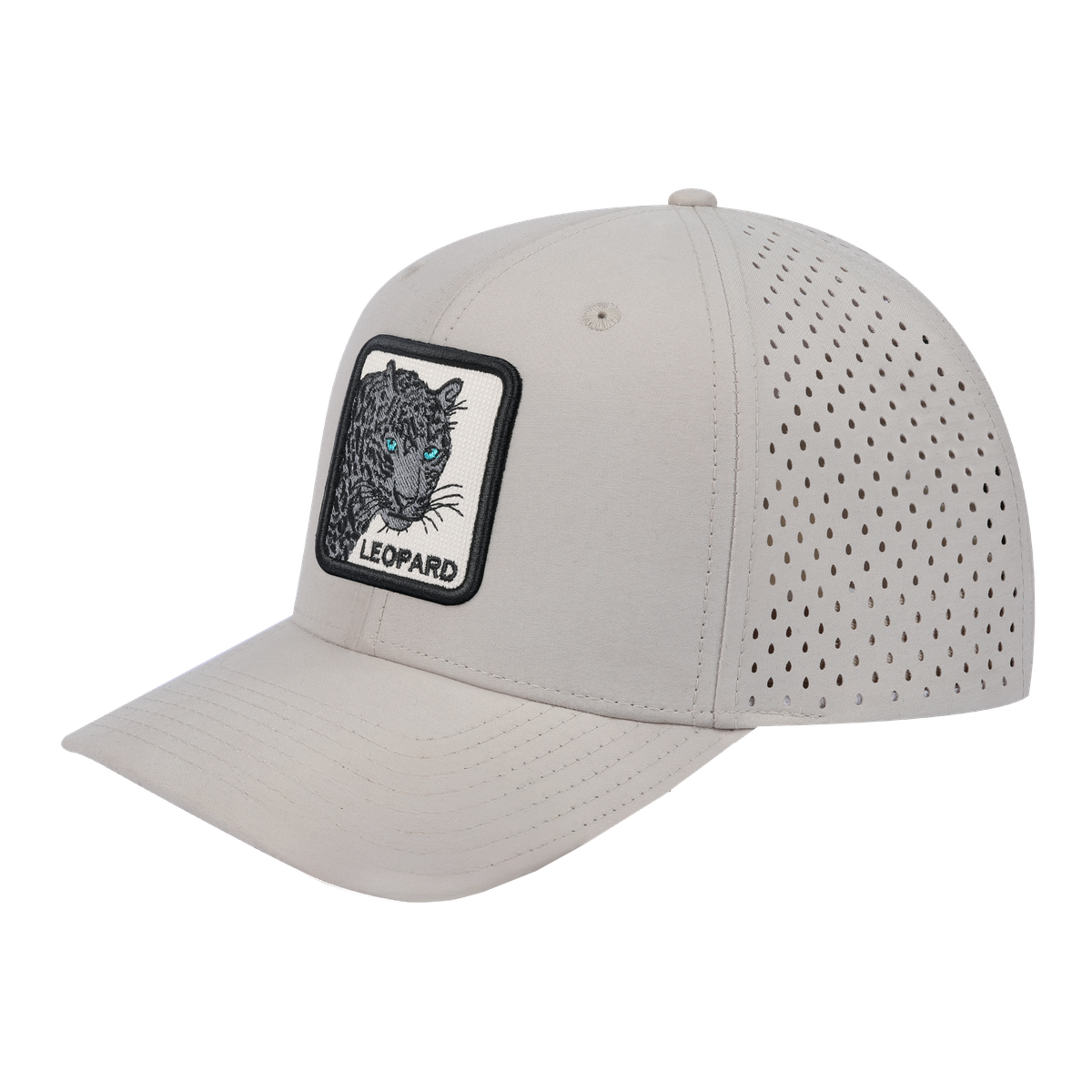 Leopard V2 6-Panel Microfiber Laser Hole Trucker Hat with Beige front and Beige back