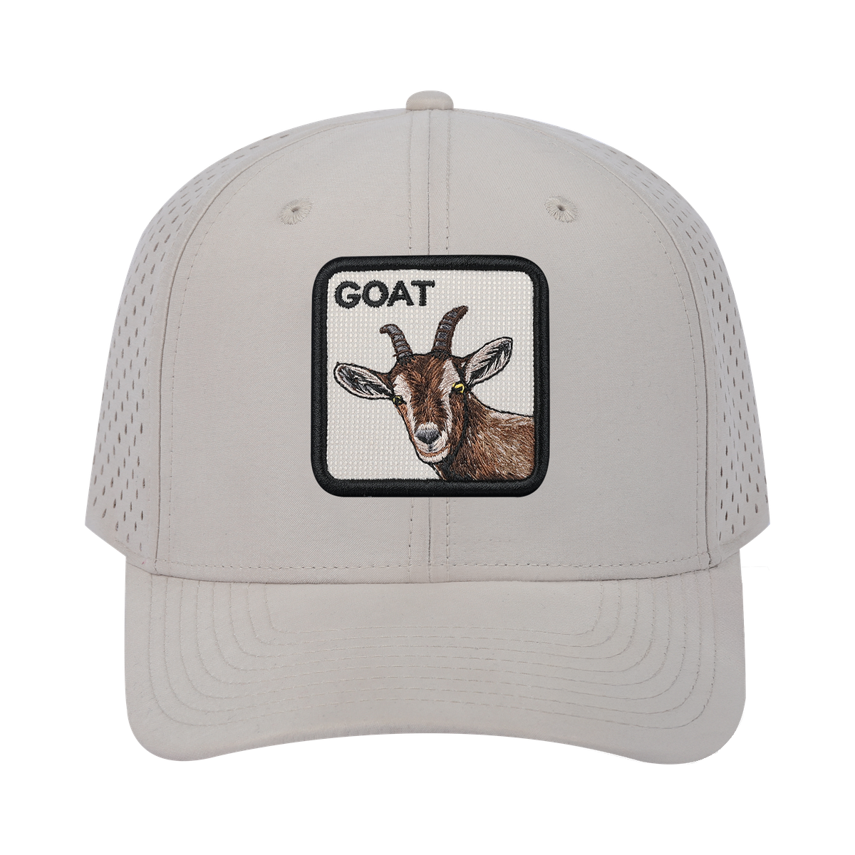 Goat 6-Panel Microfiber Laser Hole Trucker Hat with Beige front and Beige back