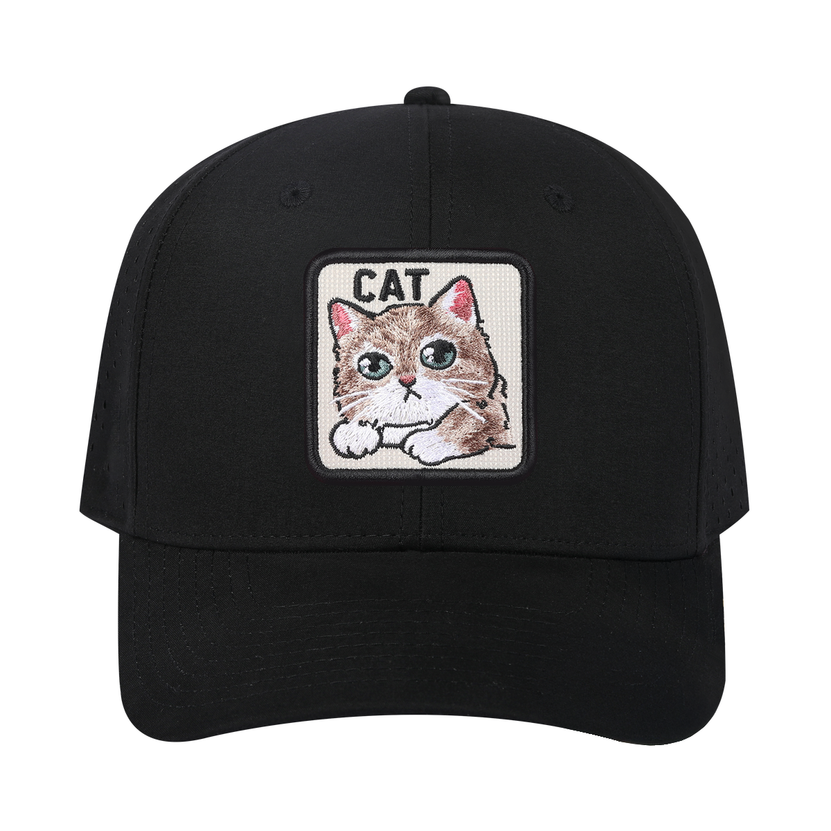 Cat 6-Panel Microfiber Laser Hole Trucker Hat with Black front and Black back