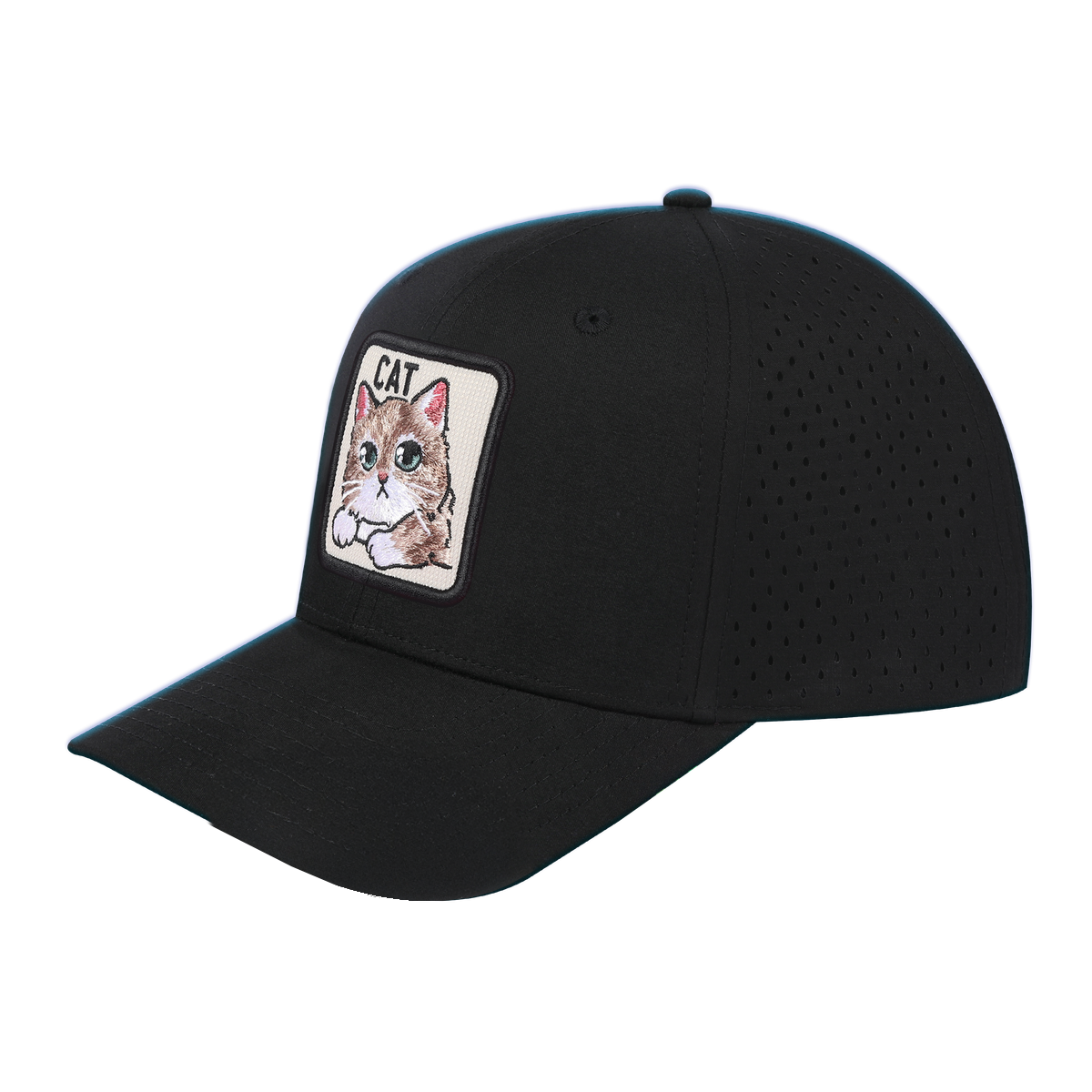 Cat 6-Panel Microfiber Laser Hole Trucker Hat with Black front and Black back