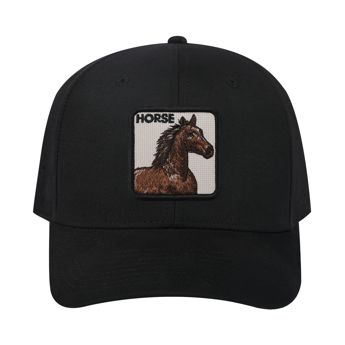Horse 6-Panel Microfiber Laser Hole Trucker Hat with Black front and Black back