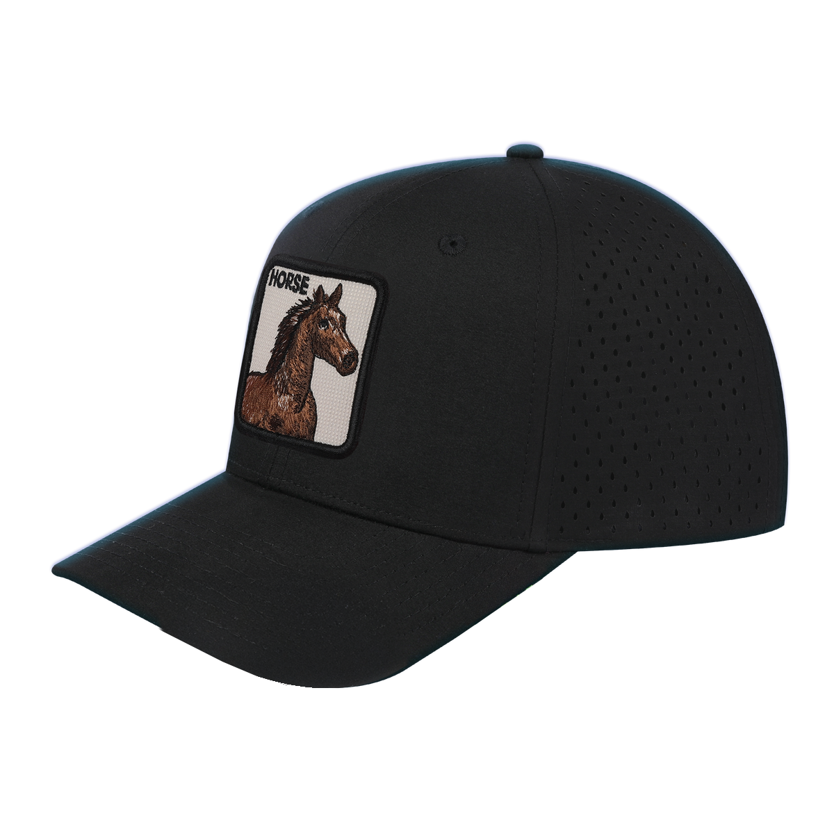 Horse 6-Panel Microfiber Laser Hole Trucker Hat with Black front and Black back