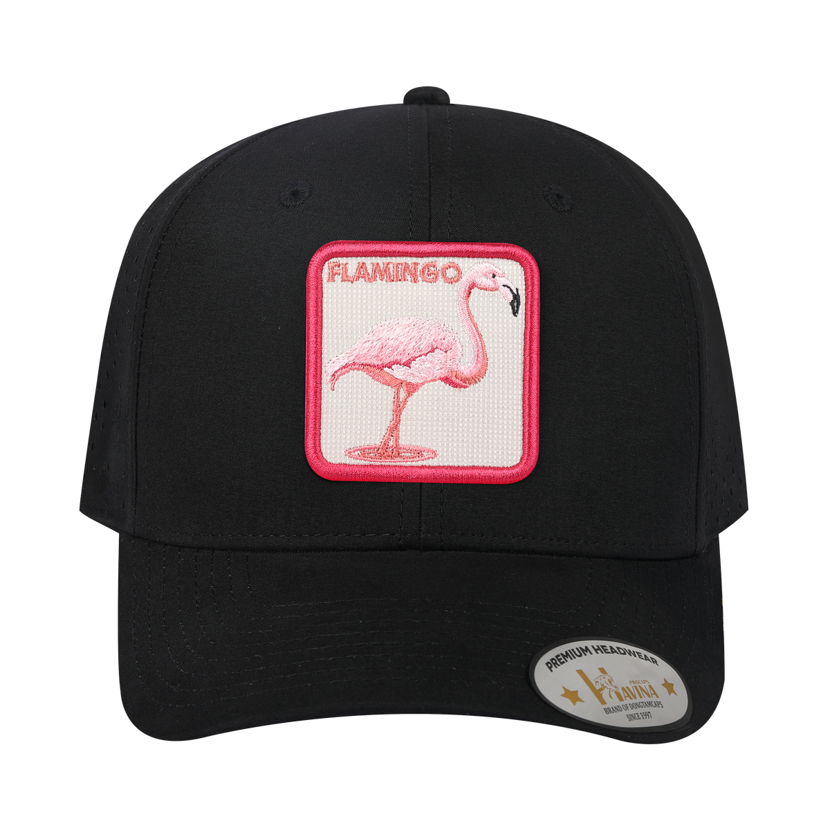 Flamingo 6-Panel Microfiber Laser Hole Trucker Hat with Black front and Black back