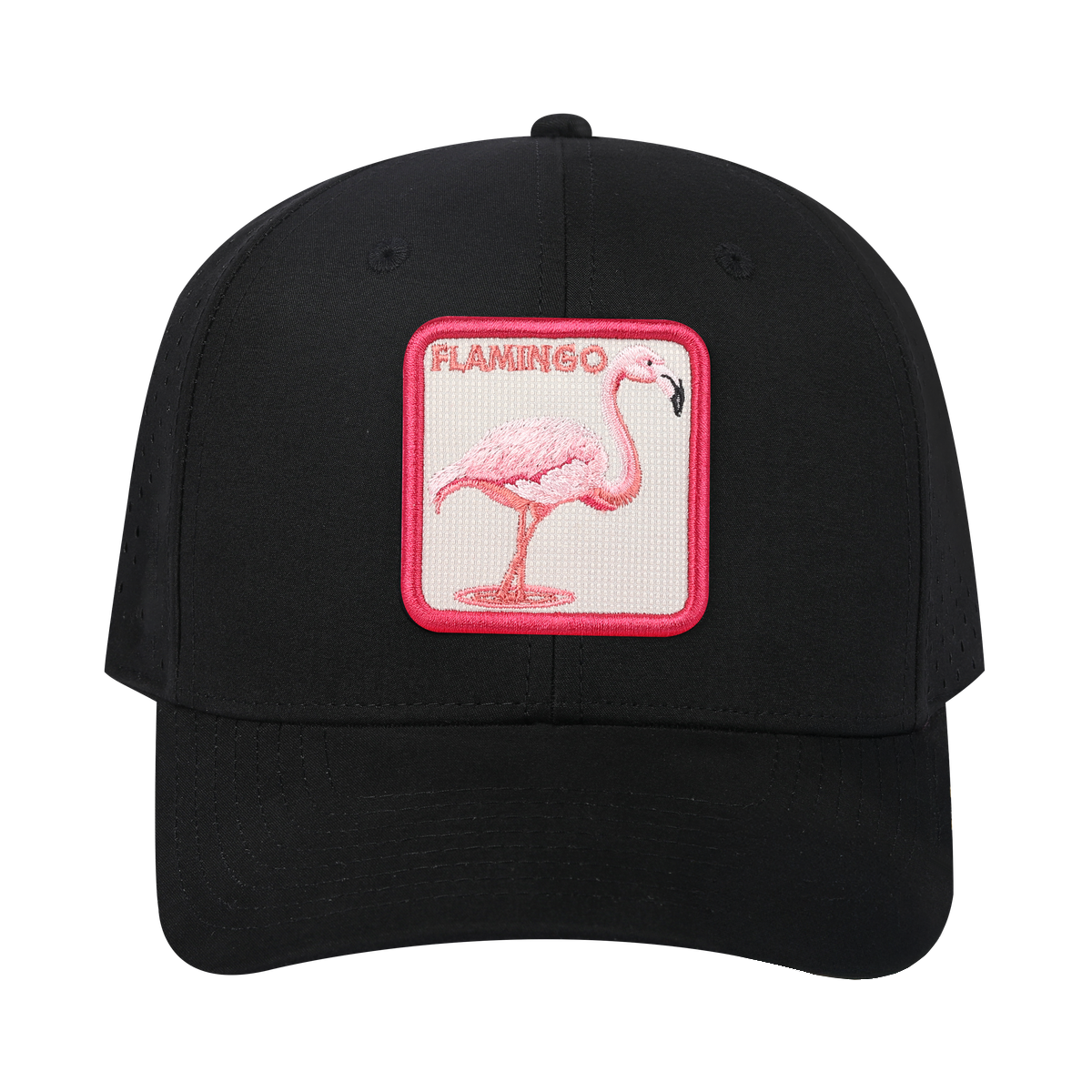 Flamingo 6-Panel Microfiber Laser Hole Trucker Hat with Black front and Black back