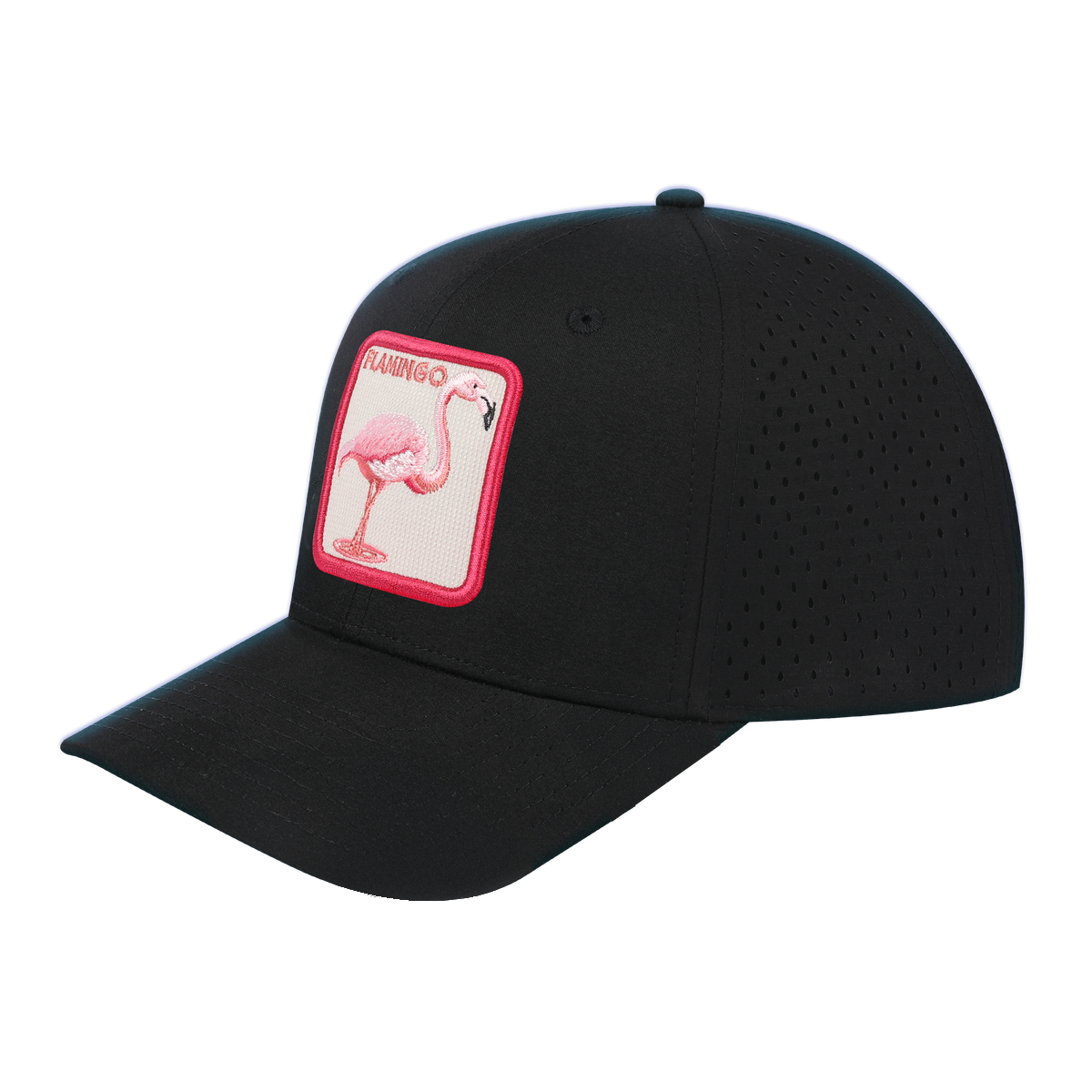 Flamingo 6-Panel Microfiber Laser Hole Trucker Hat with Black front and Black back