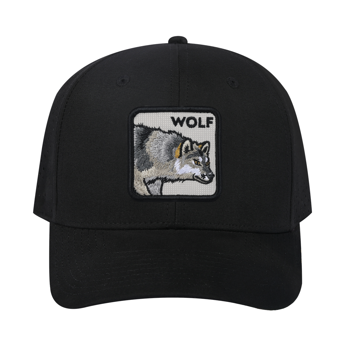 Wolf 6-Panel Microfiber Laser Hole Trucker Hat with Black front and Black back