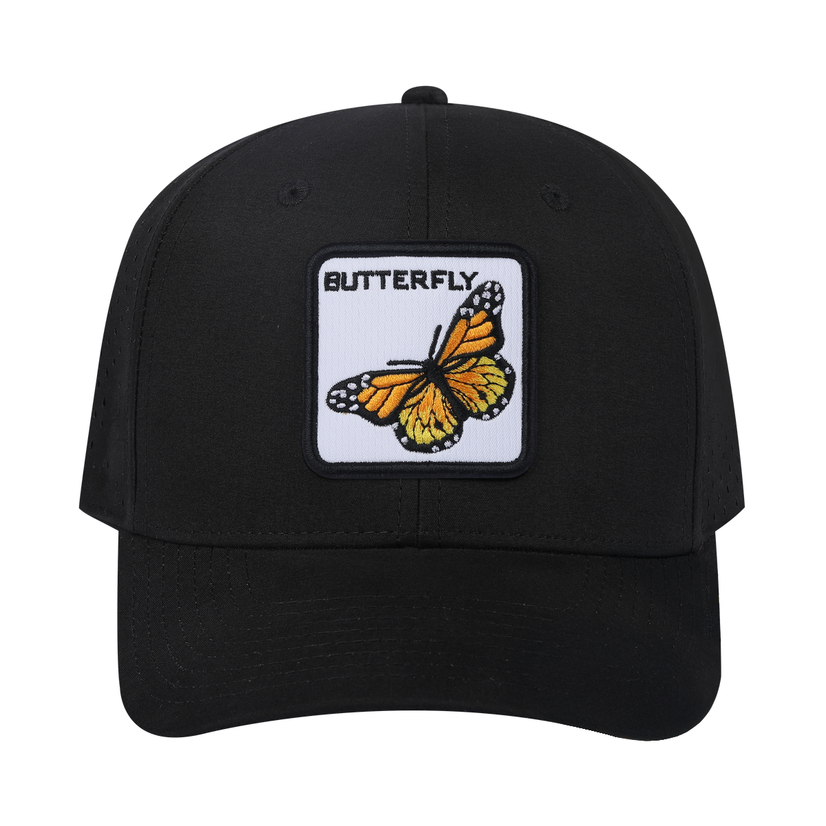 Butterfly 6-Panel Microfiber Laser Hole Trucker Hat with Black front and Black back