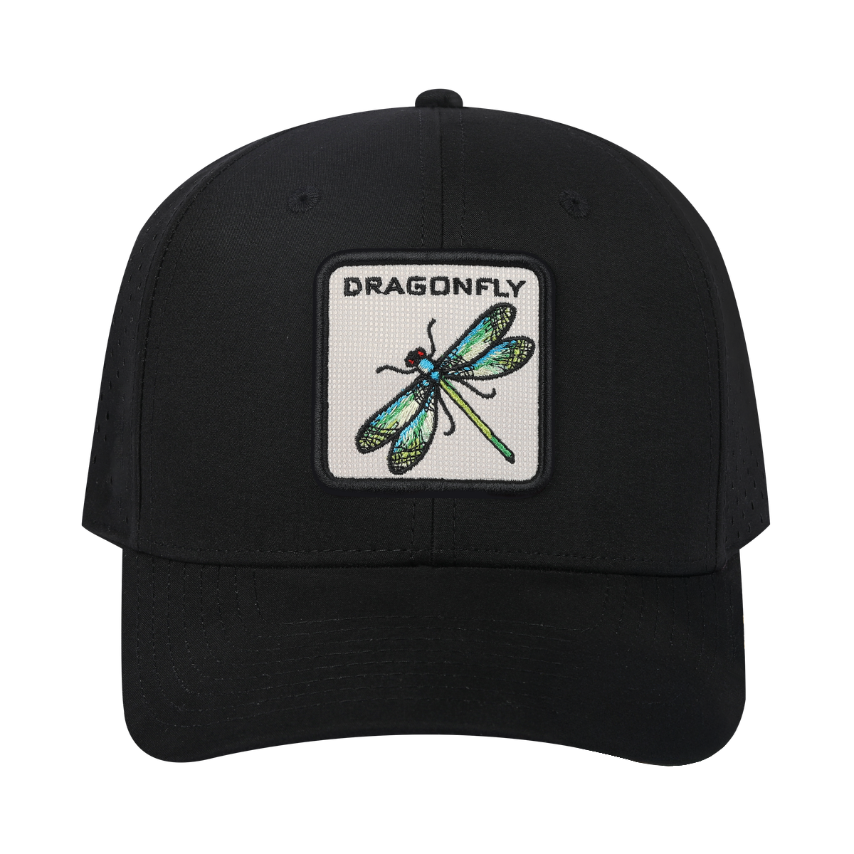 Dragonfly 6-Panel Microfiber Laser Hole Trucker Hat with Black front and Black back