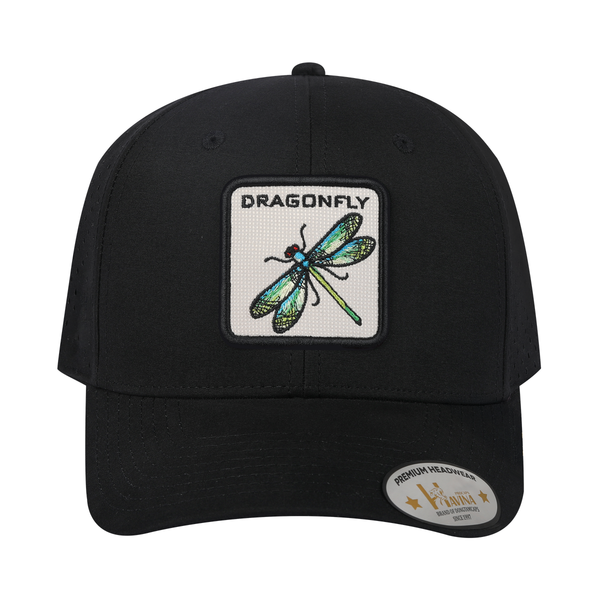 Dragonfly 6-Panel Microfiber Laser Hole Trucker Hat with Black front and Black back