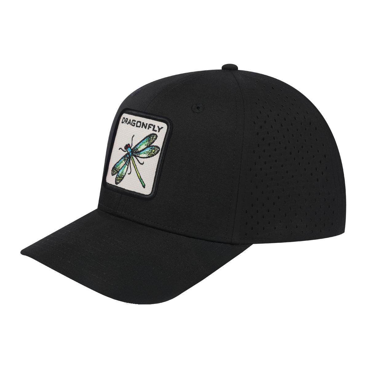Dragonfly 6-Panel Microfiber Laser Hole Trucker Hat with Black front and Black back
