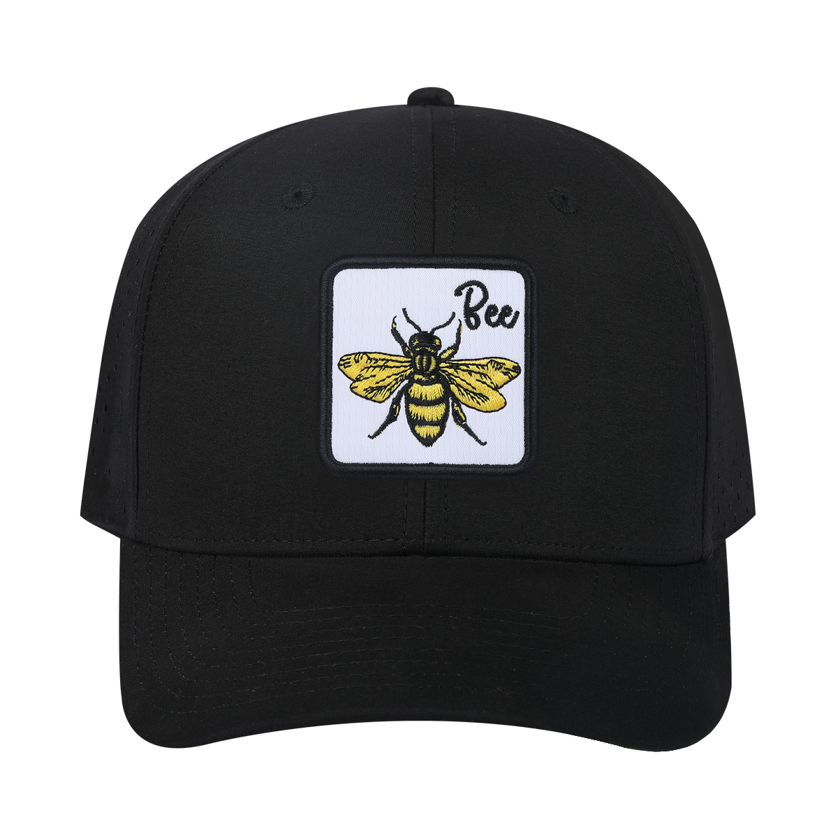 Bee 6-Panel Microfiber Laser Hole Trucker Hat with Black front and Black back