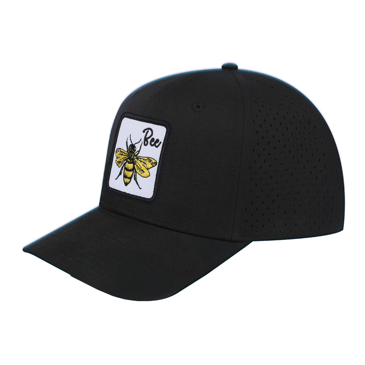 Bee 6-Panel Microfiber Laser Hole Trucker Hat with Black front and Black back